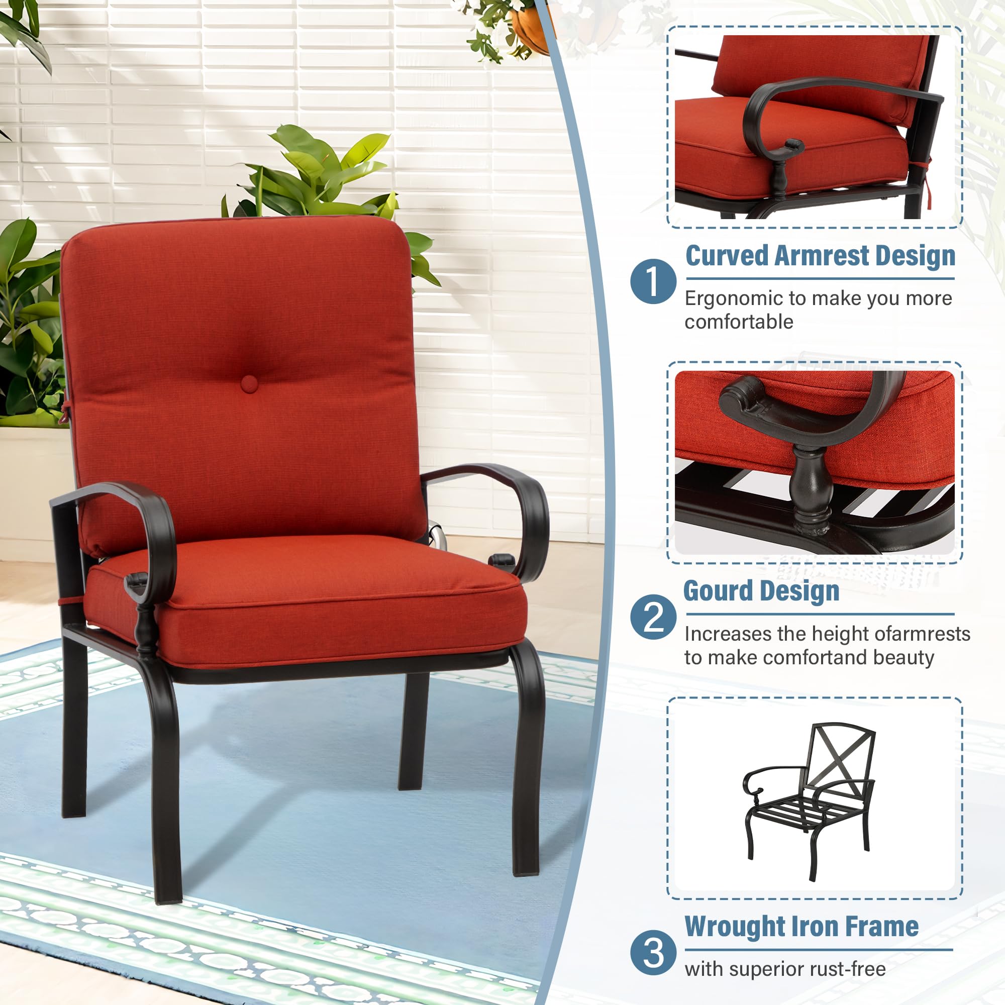 2 Pcs Outdoor Patio Dining Chairs Bistro Set - Wrought Iron All-Weather Garden Seating with Red Cushions - Perfect for Backyard, Balcony, and Cafe Outdoor Dining