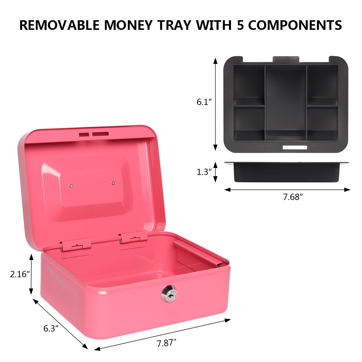 Pink Small Cash Box with Money Tray & Key Lock - 7.87