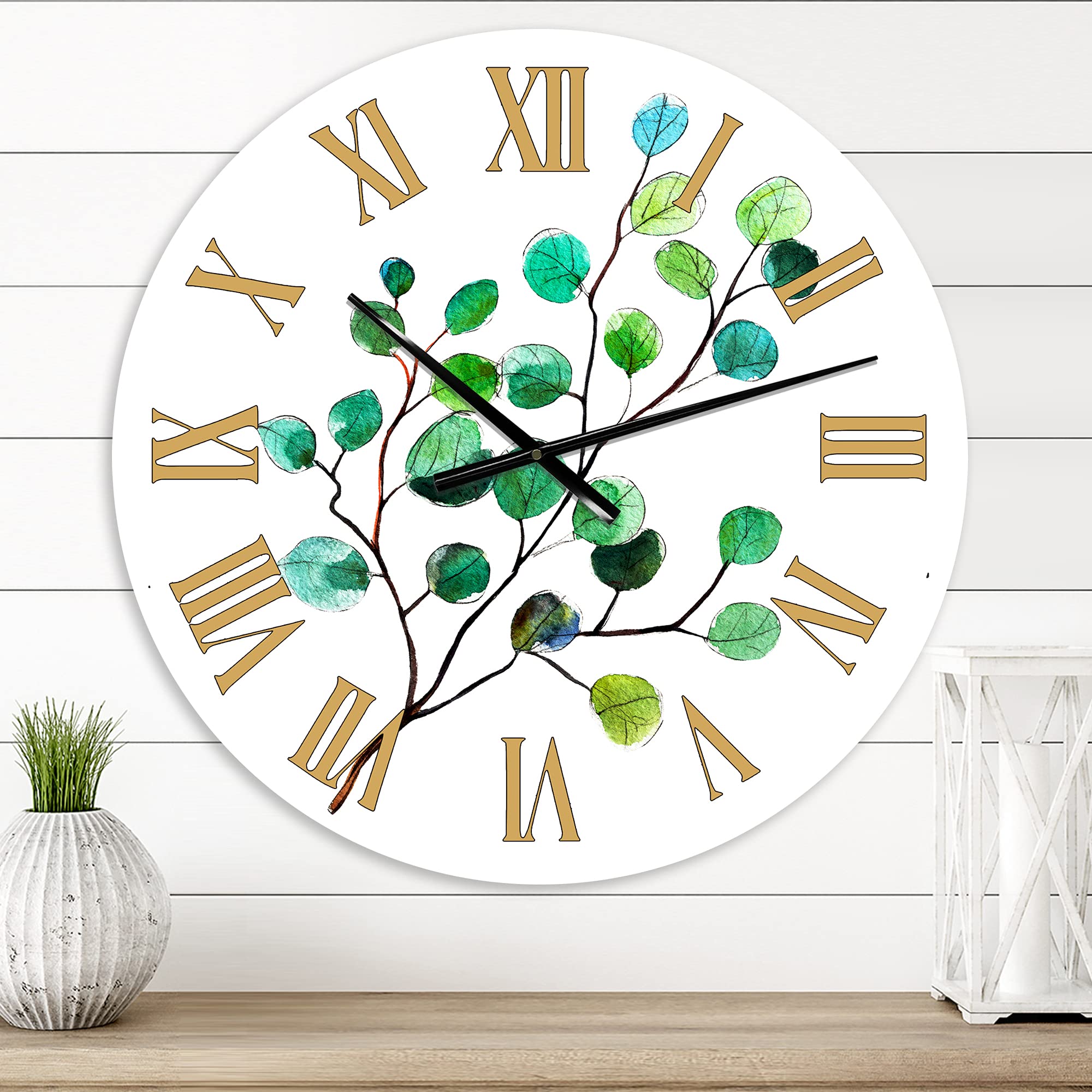 DesignQ Traditional Wall Clock - Young Eucalyptus Leaves & Branches IV - Large Floral Botanical Wall Clock for Living Room, Bedroom, Office Decor | Perfect for Home, Farmhouse, and Vintage Style Interiors