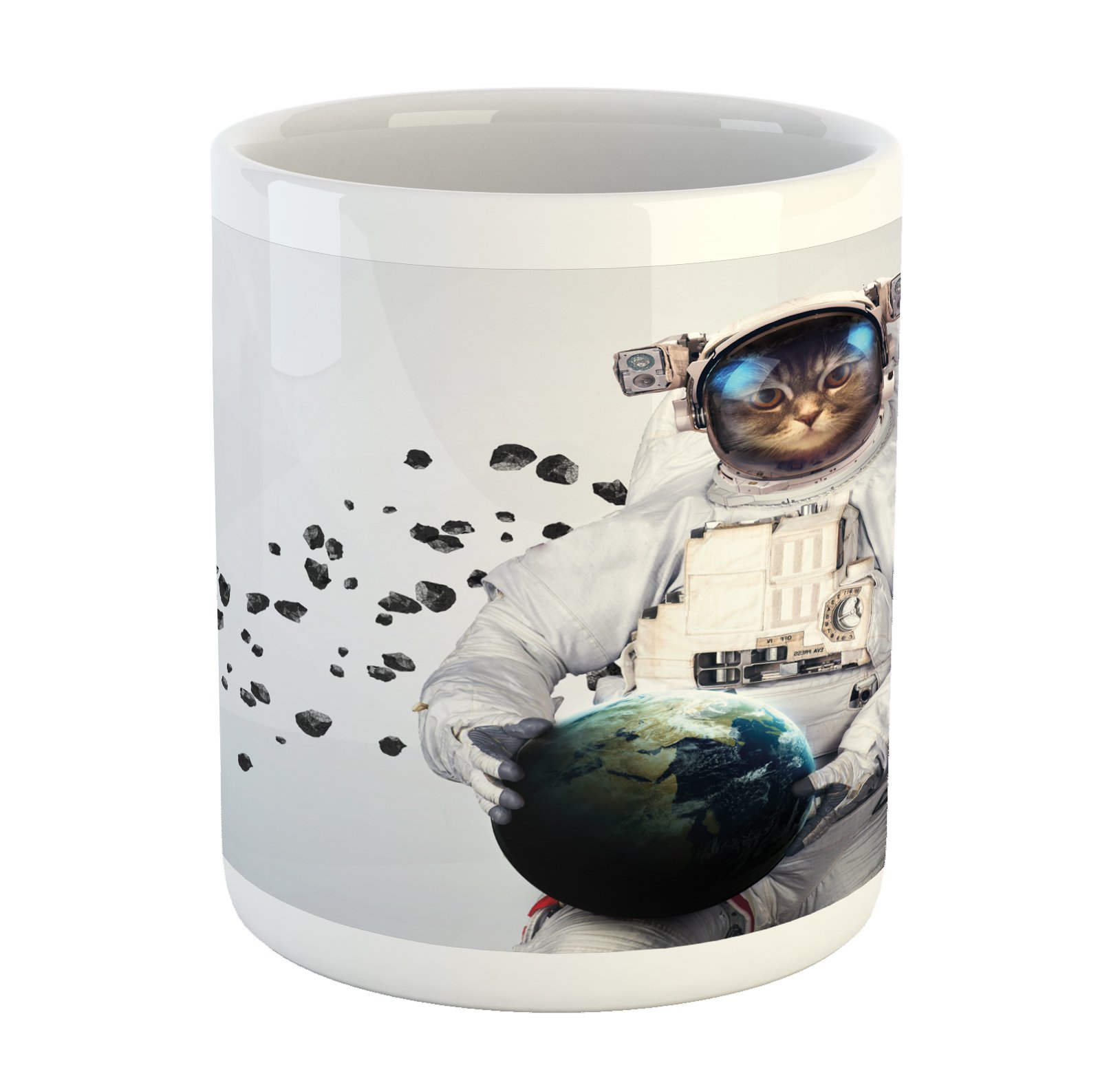 Ambesonne Space Cat Ceramic Mug - Astronaut Kitten in Space Suit Holding Planet with Galaxy Design, 15oz Coffee Tea Cup for Home & Office Use, White Black Blue - Perfect Gift for Cat Lovers & Space Enthusiasts