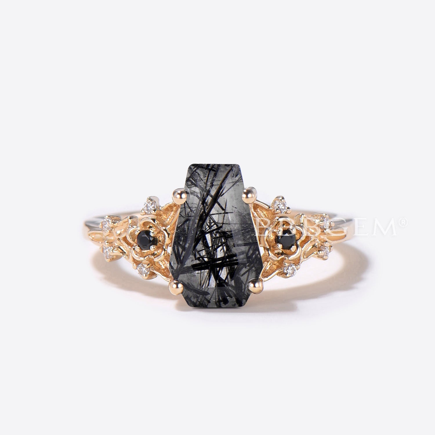 Gothic Coffin Shaped Black Rutilated Quartz Engagement Ring for Women - Floral Vintage Wedding Band, Alternative Gothic Jewelry for Dark Romance & Halloween Costume Accessories