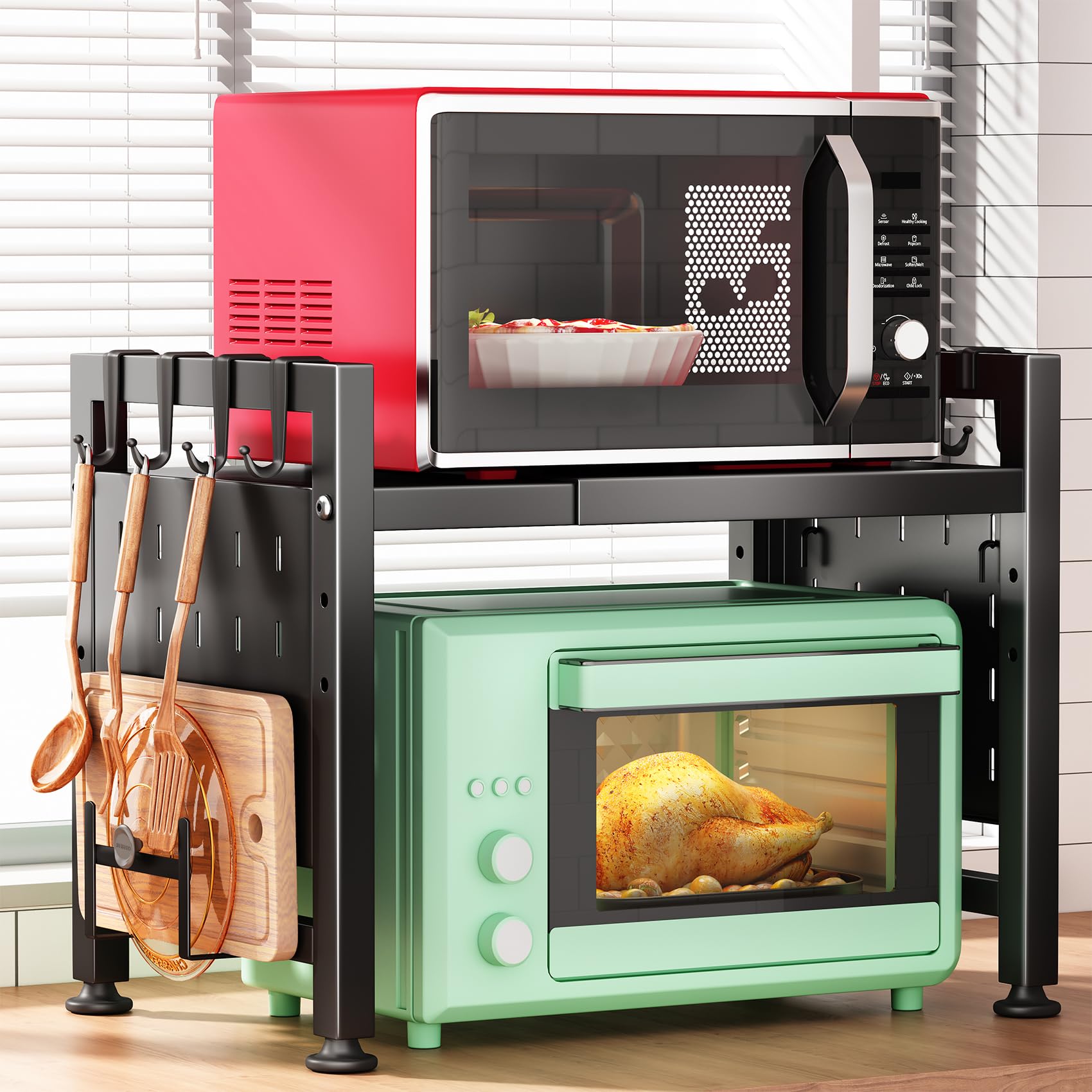 **Kitstorack Adjustable 2-Tier Microwave Oven Rack – Heavy Duty Kitchen Shelf with Cutting Boards & 9 Hooks – Countertop Organizer Holds 180lbs – Perfect for Small Kitchens & Space Saving**