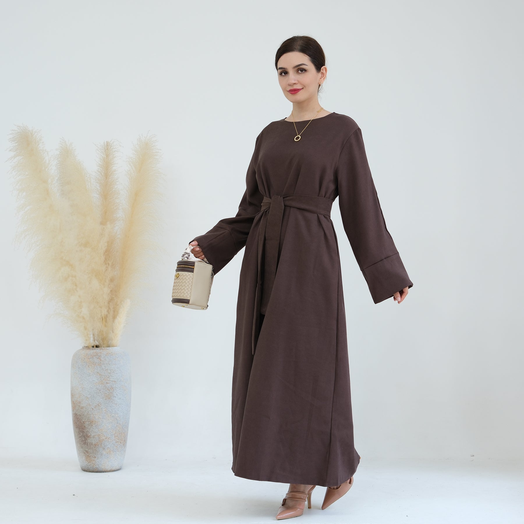 Liliana Women's Cold Weather Abaya Dress - Warm Winter Long Sleeve Maxi Dress with Hood (Brown) | Perfect for Modest Fashion, Prayer, and Outdoor Activities in Cold Climates