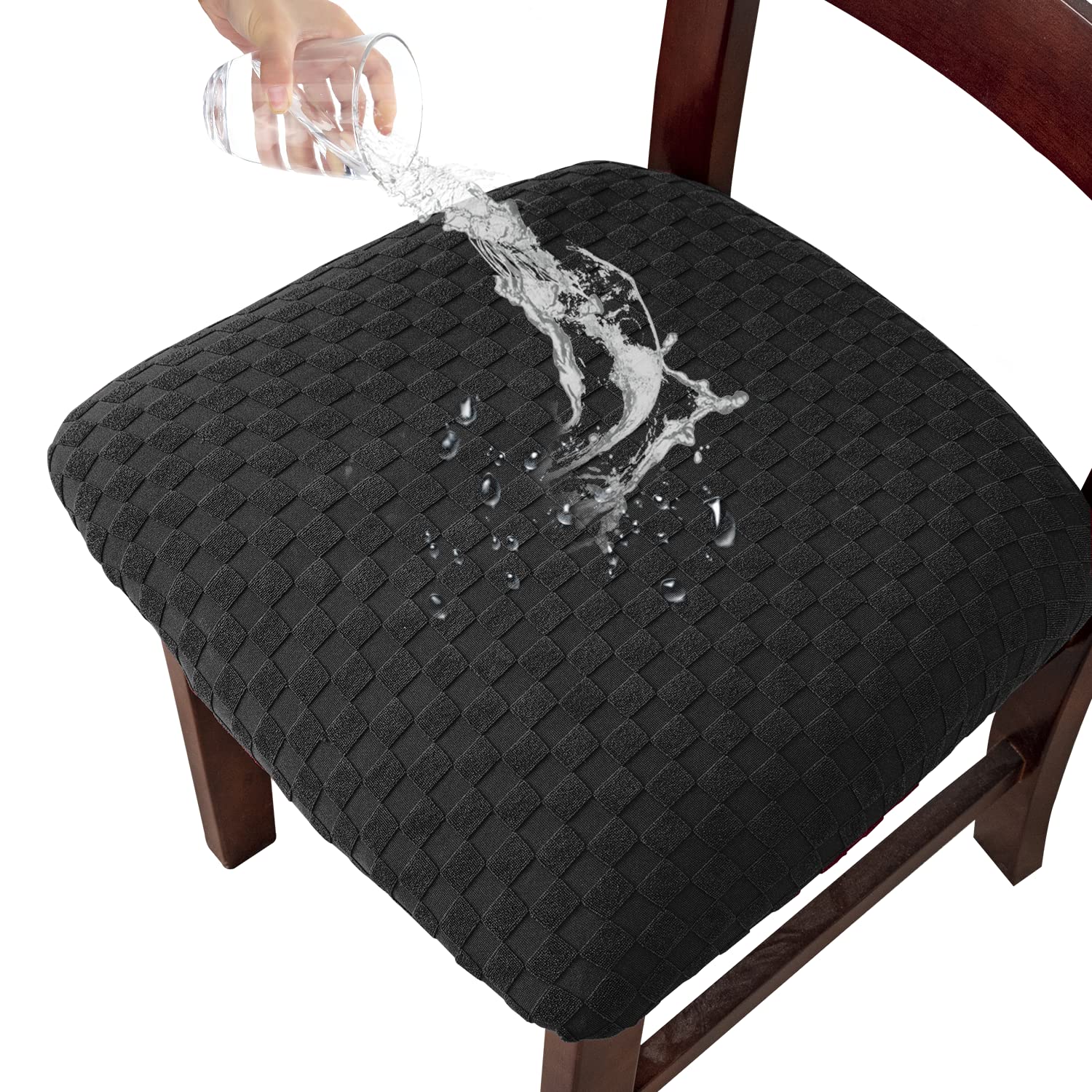 Waterproof Jacquard Dining Room Chair Covers - Set of 6 Dark Grey Washable Seat Protectors for Kitchen & Dining Chairs - Perfect for Family Meals, Parties & Spill Protection