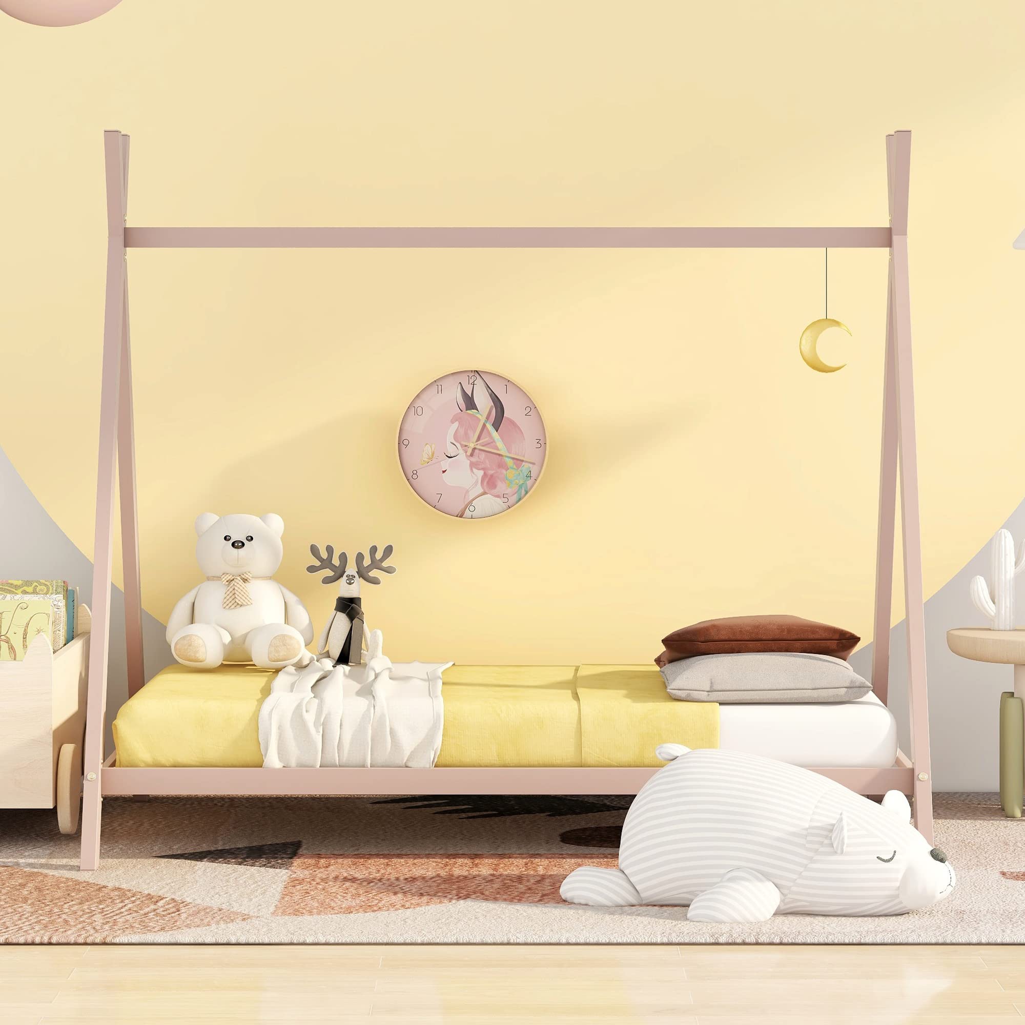 Montessori Twin Teepee Bed Frame - Metal Toddler House Floor Bed for Kids, Boys & Girls (Pink) | Perfect for Playrooms, Bedrooms & Montessori Learning Spaces