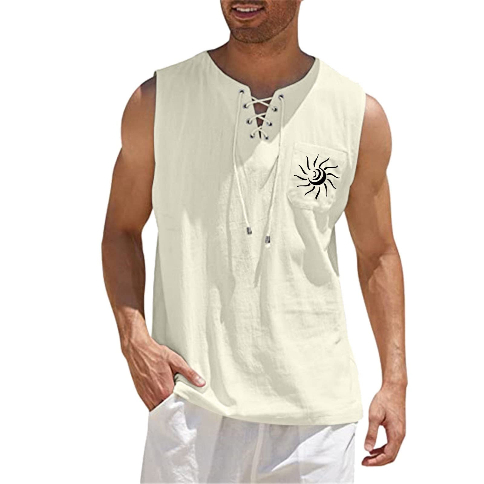 XXBR Men's Cotton Linen Sleeveless Shirts - Drawstring V Neck Graphic Print Tank Tops for Summer, Beach, Yoga & Casual Wear - Relaxed Fit Hippie Style Vest for Outdoor Activities & Vacation
