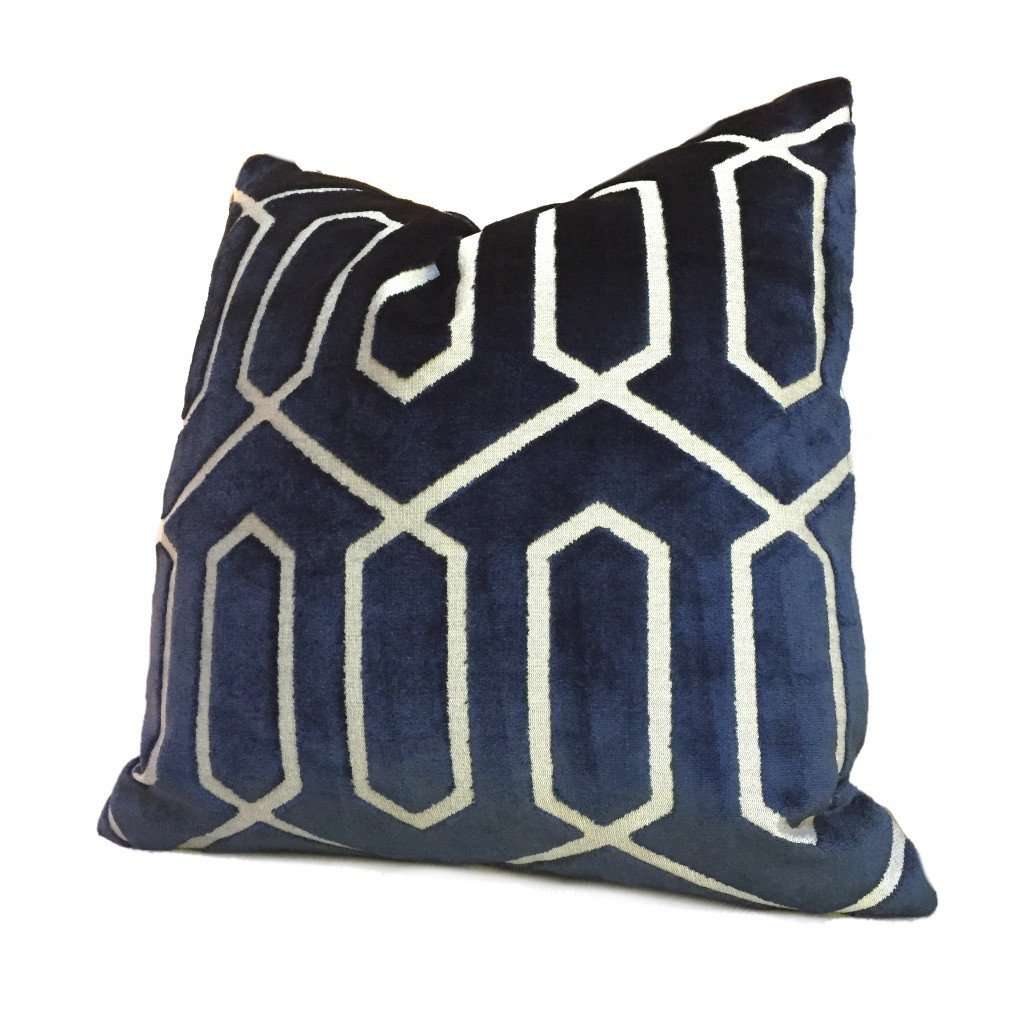 Robert Allen Bengal Lattice Geometric Midnight Navy Blue Italian Cut Velvet Pillow Cover - Luxury Home Decor for Sofa, Bed & Living Room
