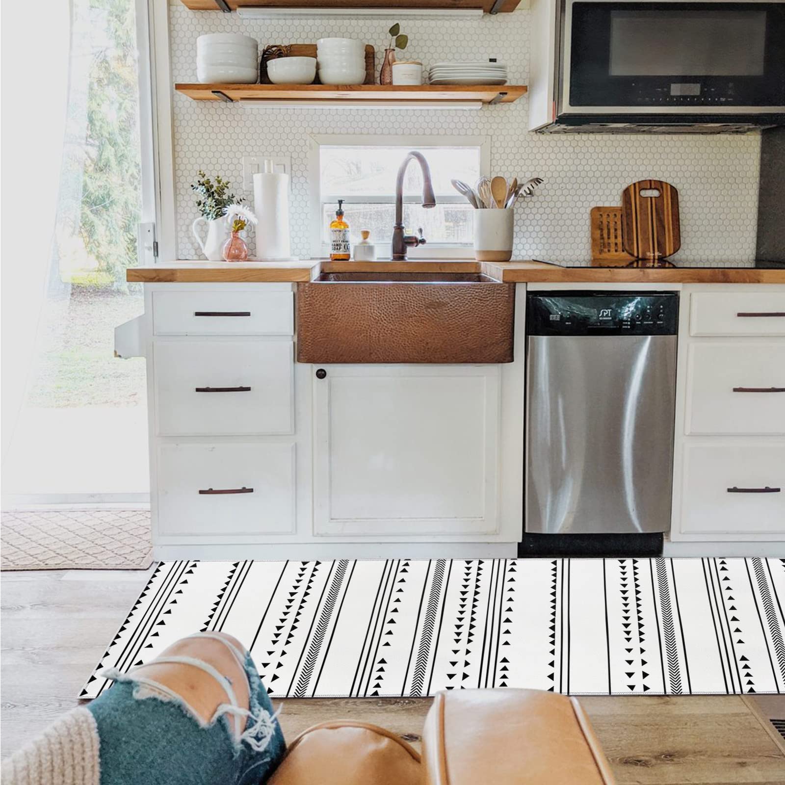 Non-Slip Geometric Boho Kitchen Runner Rug - Black & White Abstract Art Indoor Floor Mat for Hallways, Entryways & Laundry Rooms | Perfect for High-Traffic Areas & Spill-Prone Spaces