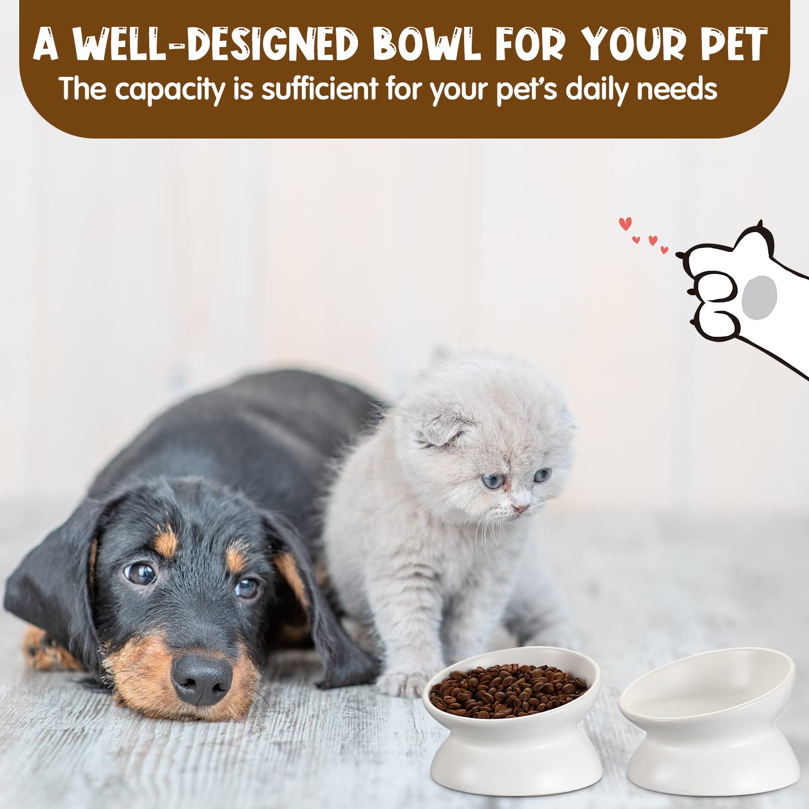 4 Pcs Ceramic Raised Cat Food Bowls - Elevated Tilted Cat Dishes for Whisker Fatigue Relief & Backflow Prevention - Dishwasher & Microwave Safe Pet Food & Water Bowls Set (White) - Perfect for Comfortable Feeding & Healthy Posture