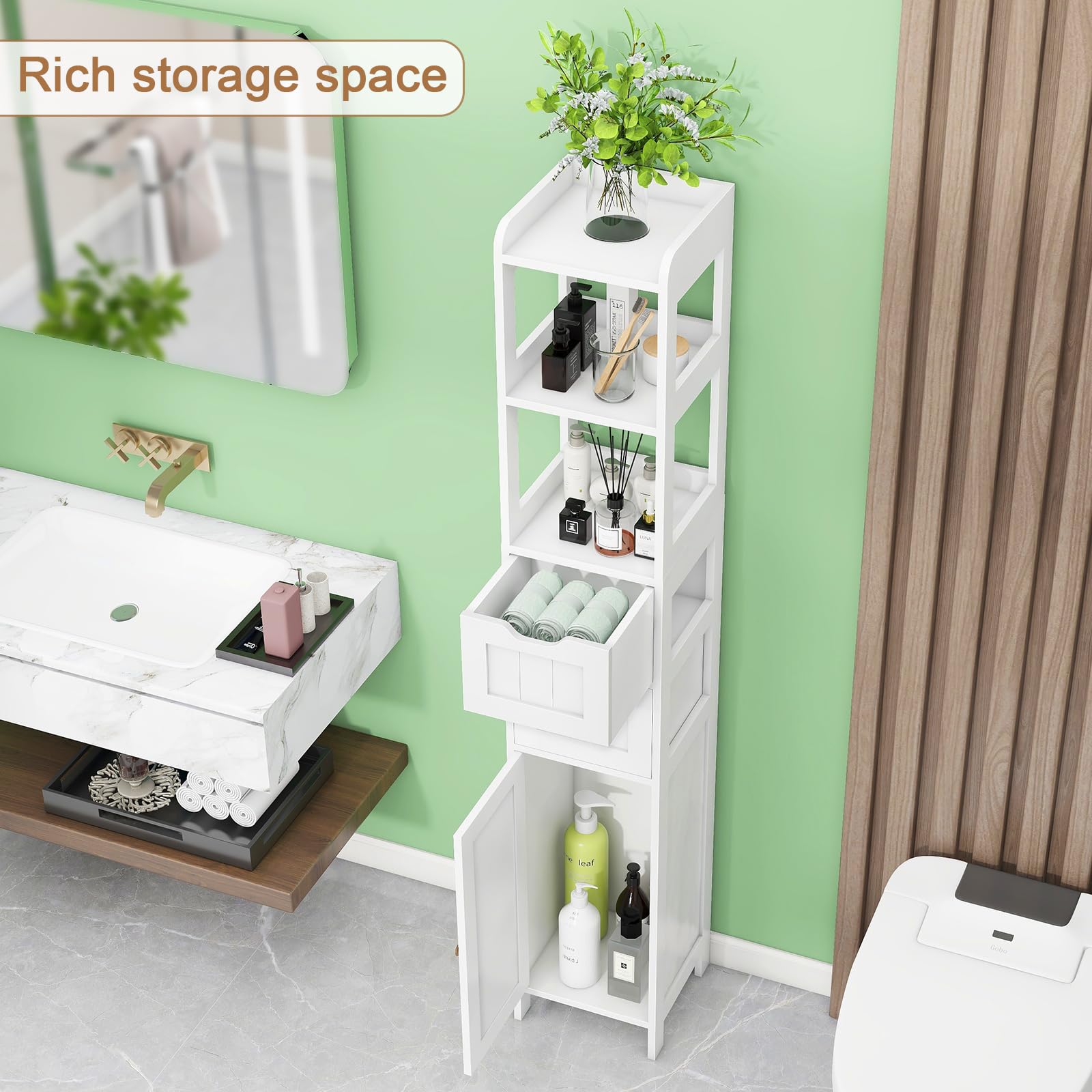 Freestanding Narrow Tall Bathroom Cabinet with Door & Adjustable Shelf - Multifunctional Floor Storage with 2 Drawers, White - Perfect for Small Bathrooms, Bedrooms & Laundry Rooms