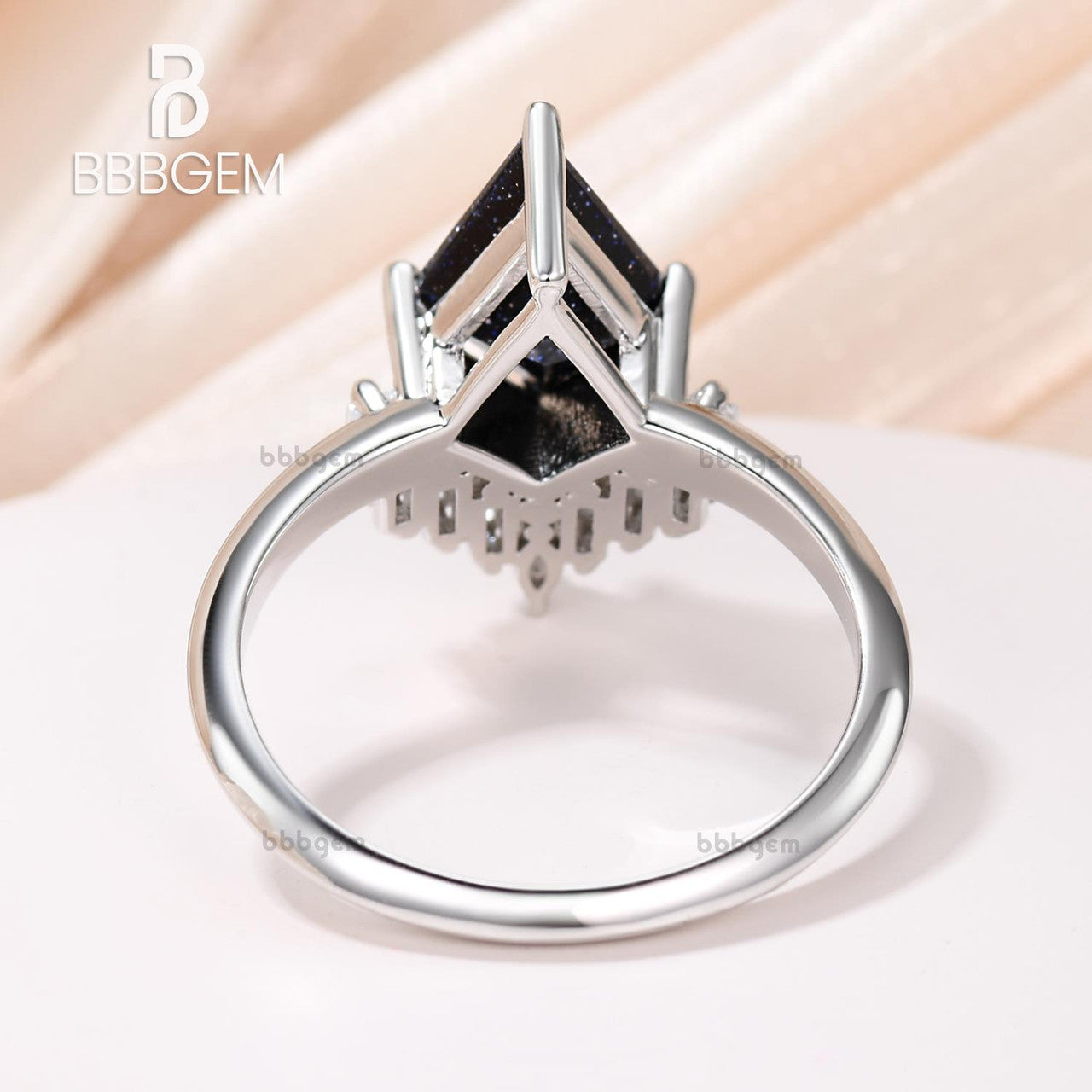 Vintage Blue Goldstone Moissanite Engagement Ring - Knife Edge Kite Cut Blue Sandstone Statement Ring for Women, Wedding, Anniversary & Special Occasions