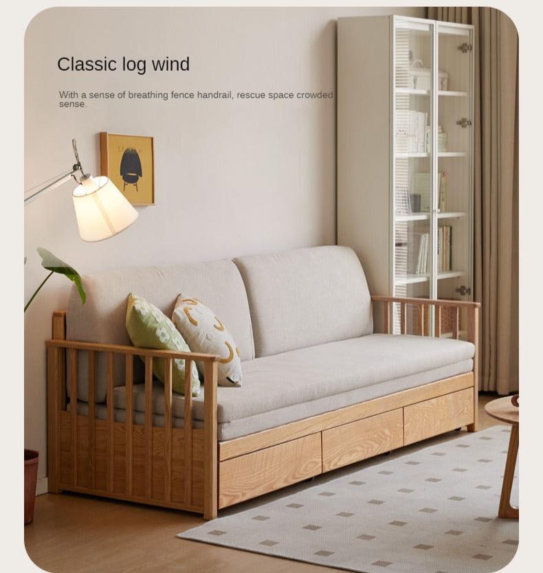Solid Oak Wood Storage Sofa Bed - Convertible Sitting & Sleeping Furniture for Small Spaces, Living Room, Guest Room & Apartments
