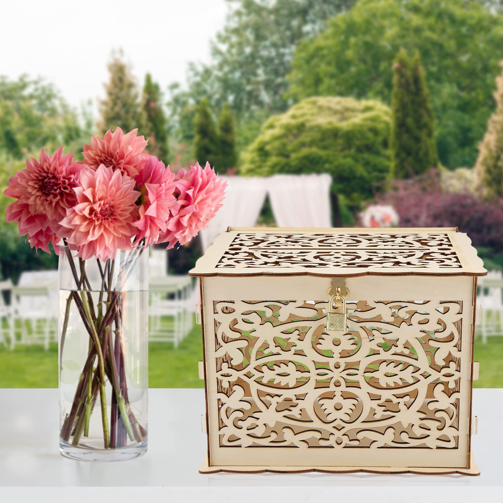 Natural Wood Wedding Card Box with Hollow Design & Lock - Foldable DIY Gift Box for Weddings, Anniversaries, Graduations, Baby Showers & Birthdays | Perfect for Ceremony Card Collection & Party Decor