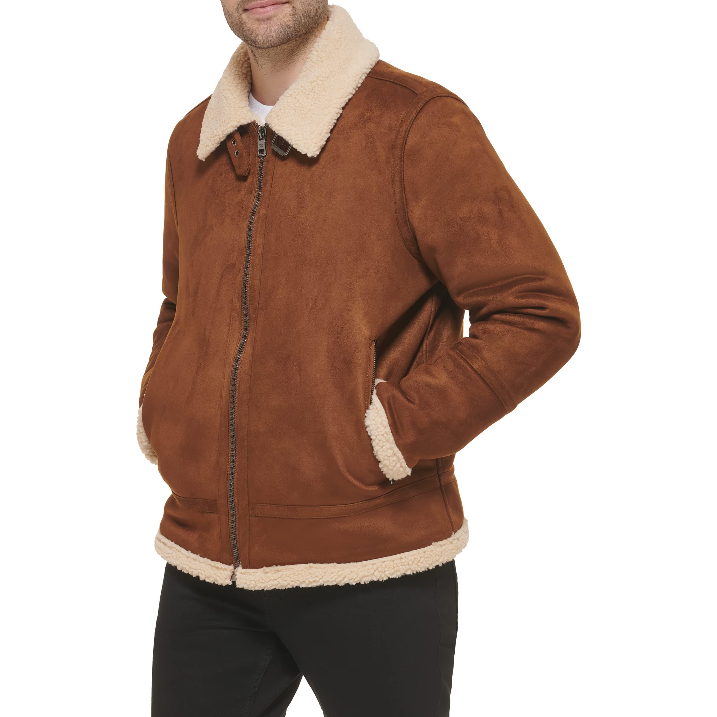 Calvin Klein Men's Faux Leather Bomber Jacket with Warm Shearling Lining - Stylish Winter Outerwear for Casual Wear & Night Out