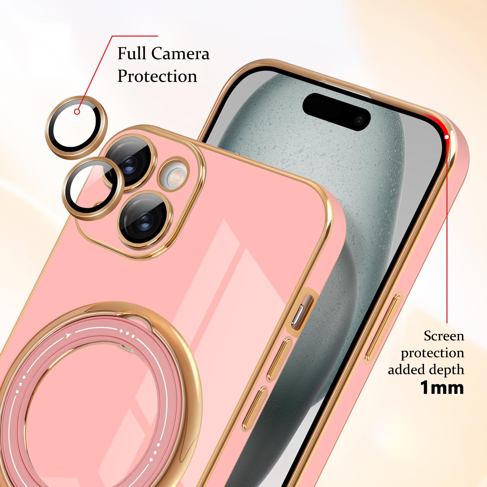 Luxury Magnetic iPhone 15 Plus Case with 360° Rotatable Stand - Shockproof TPU Bumper Protective Cover for Women & Men (Pink) - Perfect for Work, Travel & Everyday Use