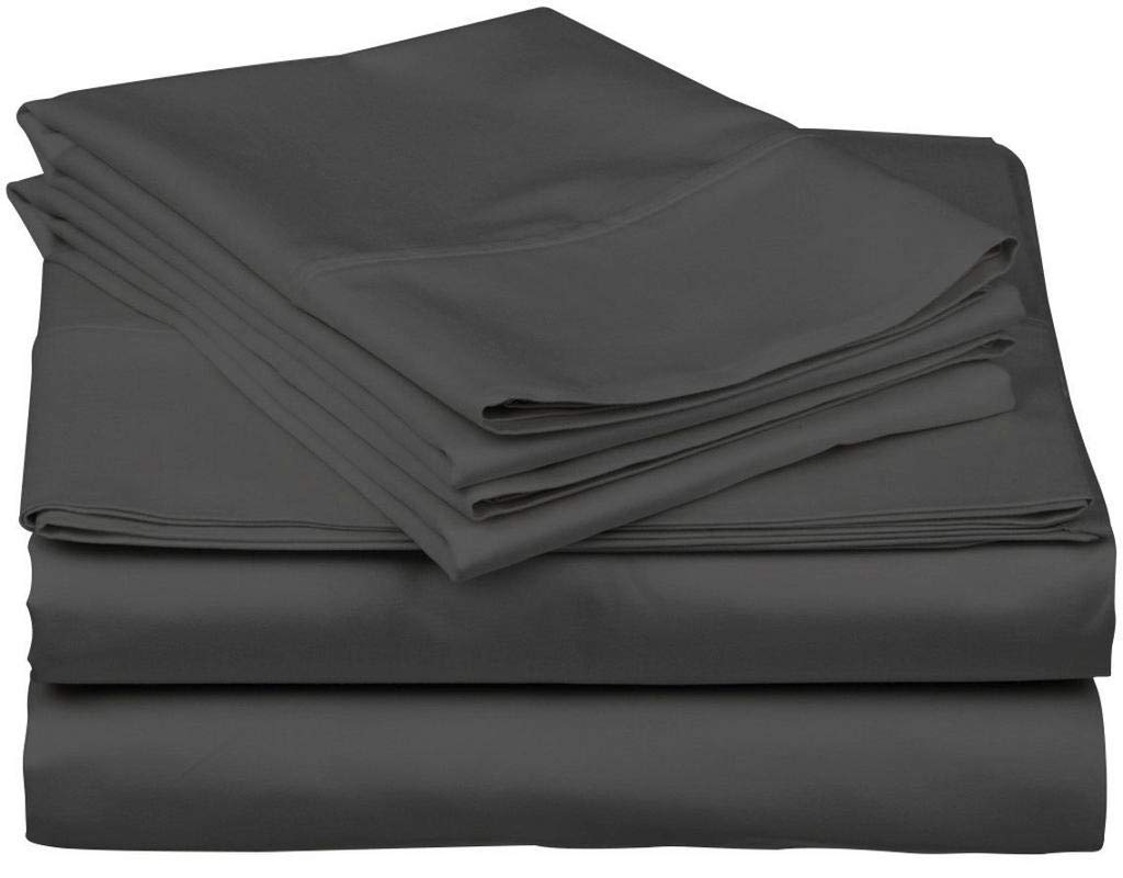 Luxury 600 Thread Count 100% Cotton Sateen 4-Piece Sheet Set - Grey Solid Color, Fits Olympic Queen Mattress with 25