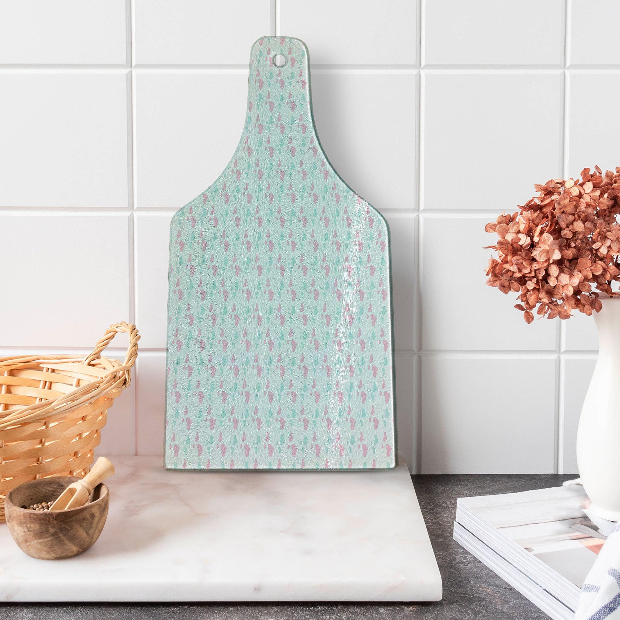 Ambesonne Romantic Love Design Cutting Board - Cartoon Hearts Tempered Glass Serving Board for Kitchen, Wine Bottle Shape in Mint Green, Pale Pink & White - Perfect for Valentine's Day Gifts, Bridal Showers & Home Decor