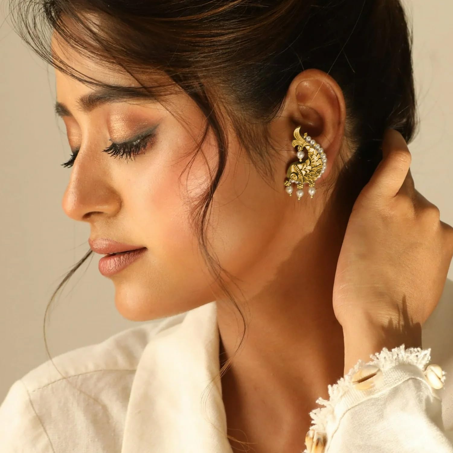 Antique Gold Plated Fish and Pearl Stud Earrings for Women - Traditional Indian Jewelry for Ethnic Occasions, Weddings, and Festivals | Classic Elegant Design | 1 Year Warranty | Perfect Gift for Diwali, Bridal Shower, and Cultural Events