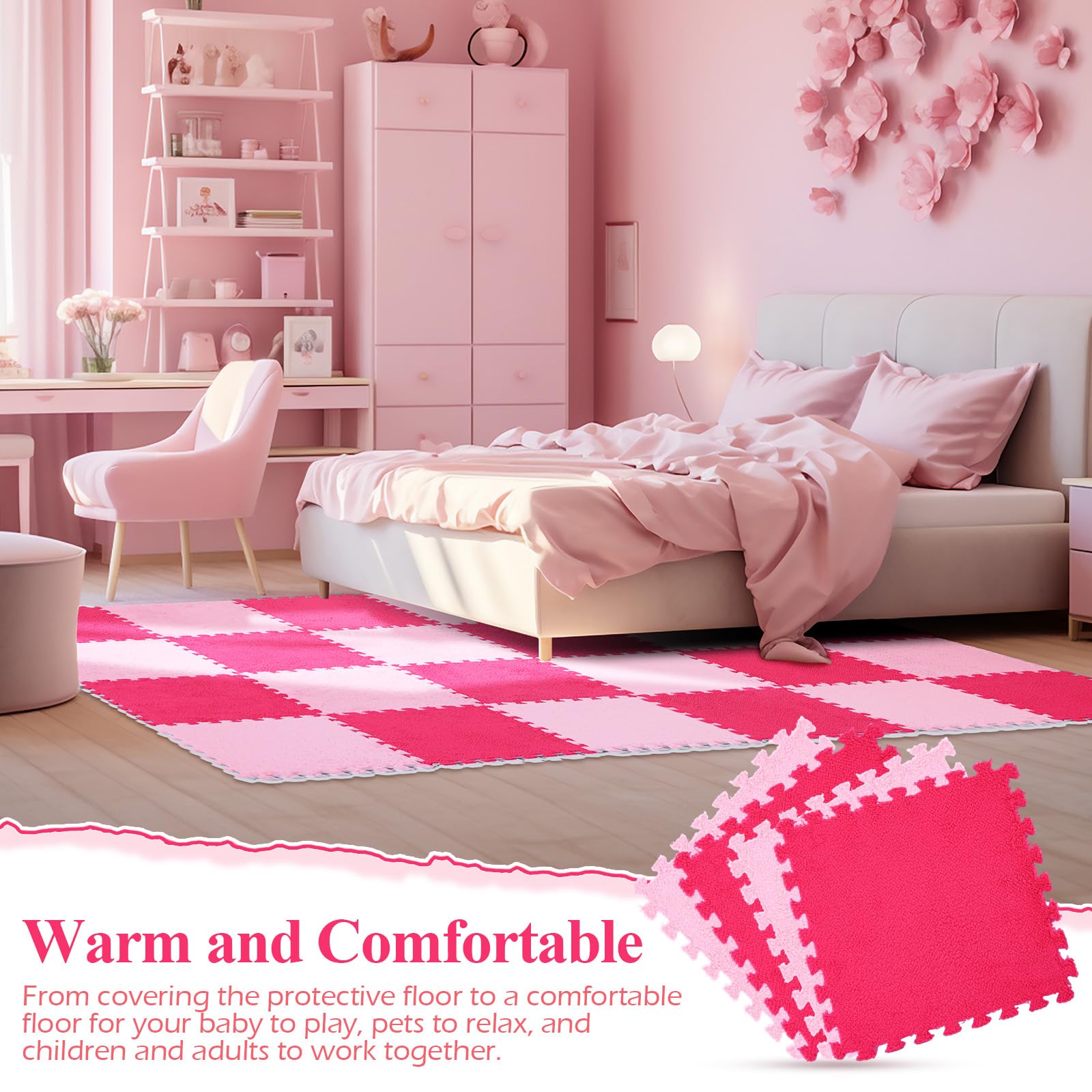 **Ceenna 60-Piece Soft Plush Puzzle Foam Floor Mat - Interlocking Play Mat for Kids, Baby Crawling, Gym & Living Room - Non-Slip, Washable, Durable (Pink & Rose Red) - Perfect for Playrooms, Daycares & Home Decor**
