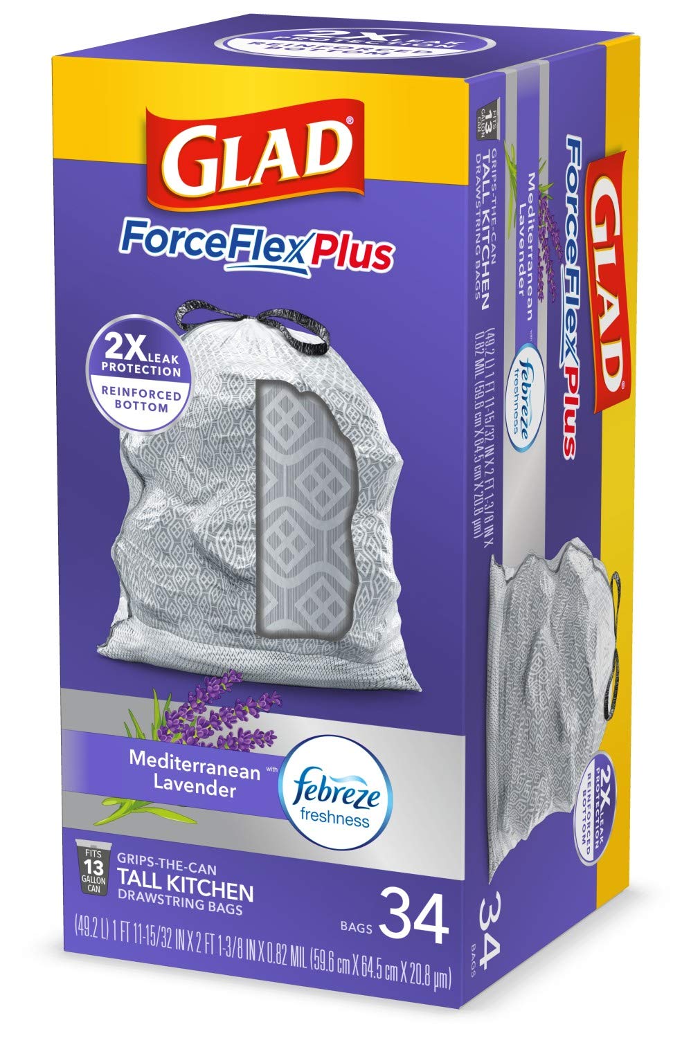 Glad ForceFlexPlus Tall 13 Gallon Drawstring Trash Bags with Febreze Freshness - Lavender Scented Heavy Duty Garbage Bags (34 Count) for Kitchen, Bathroom & Office Waste Disposal
