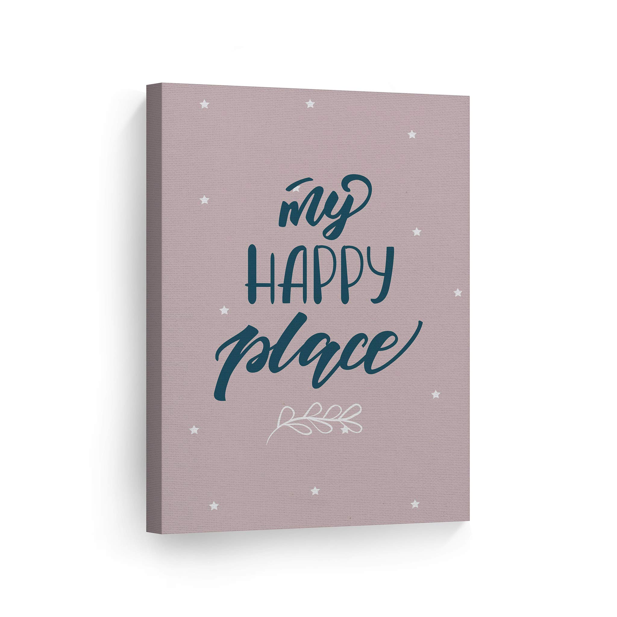 Smile Art Design 'My Happy Place' Lettering Quote Wall Decor - Pink Background Canvas Print (17x11) | Kids Room, Baby Nursery, Bedroom Wall Art | Ready to Hang, Made in USA | Perfect for Home Decor & Gift Giving