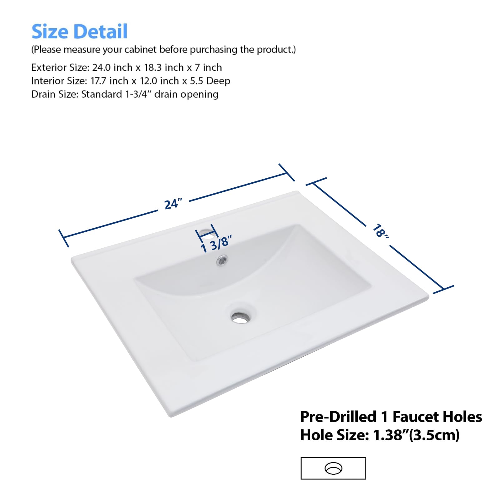 Lordear White Porcelain Ceramic Bathroom Sink - 24 x 18 Inch Drop-In Vanity Top with Single Faucet Hole - Perfect for Modern Bathroom Renovations and Small Space Vanities