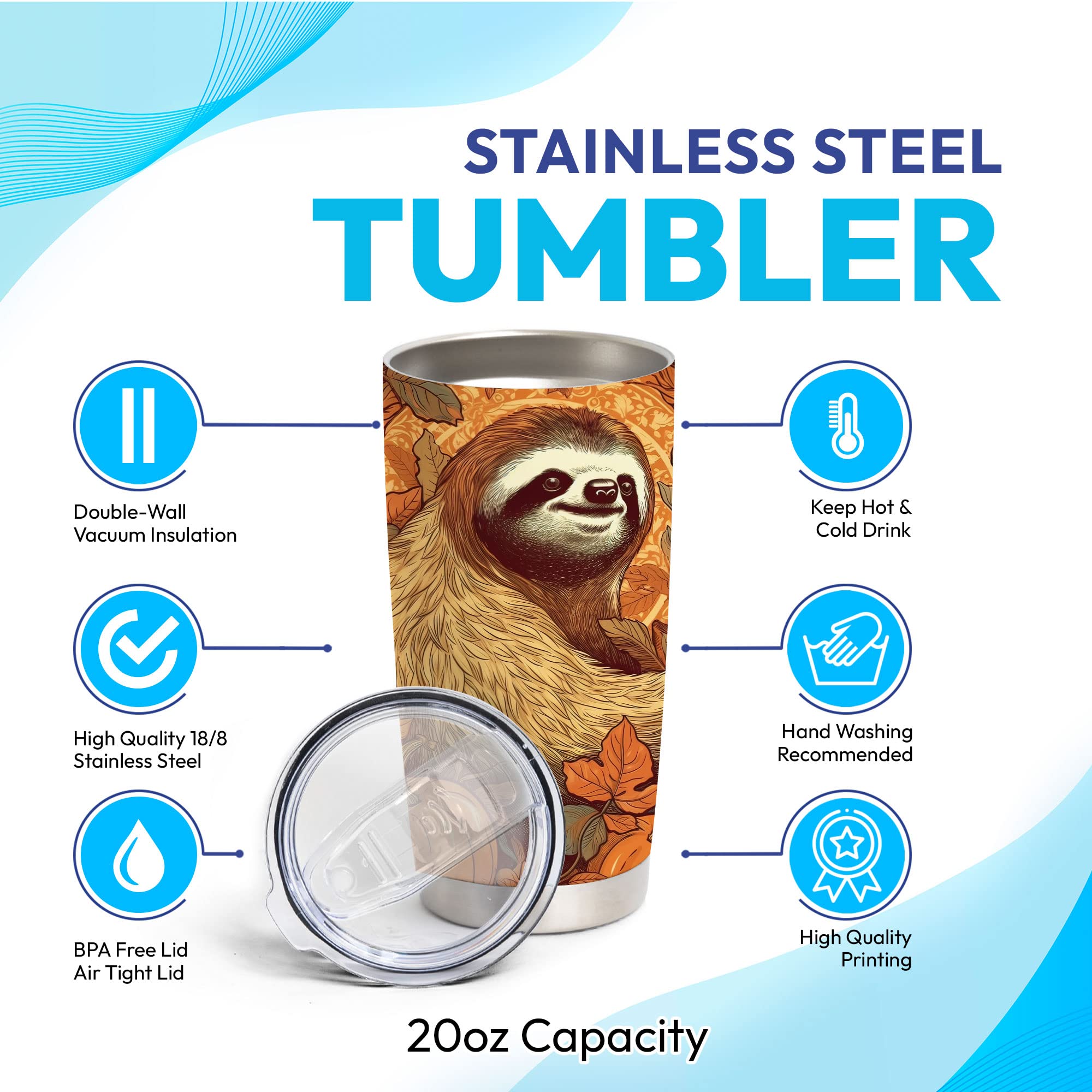 Personalized Sloth Stainless Steel Tumbler 20oz with Lid - Custom Name Floral Sloth Lover Gift for Women & Girls - Perfect for Birthday, Christmas, Office & Travel