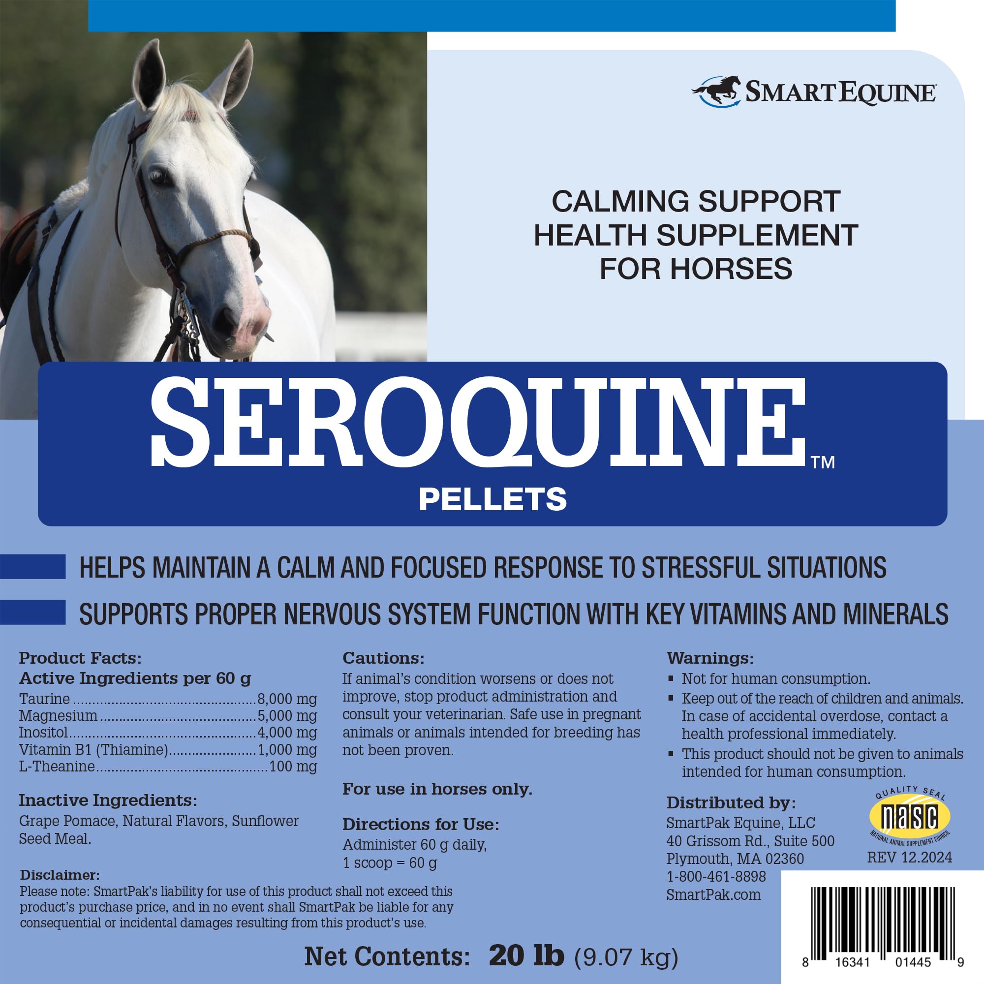 SmartEquine Seroquine Pellets - Herb-Free Horse Calming Supplement for Travel & Competition | 20 lb | Natural Stress Relief for Anxious Horses | Perfect for Trailering, Shows & Training