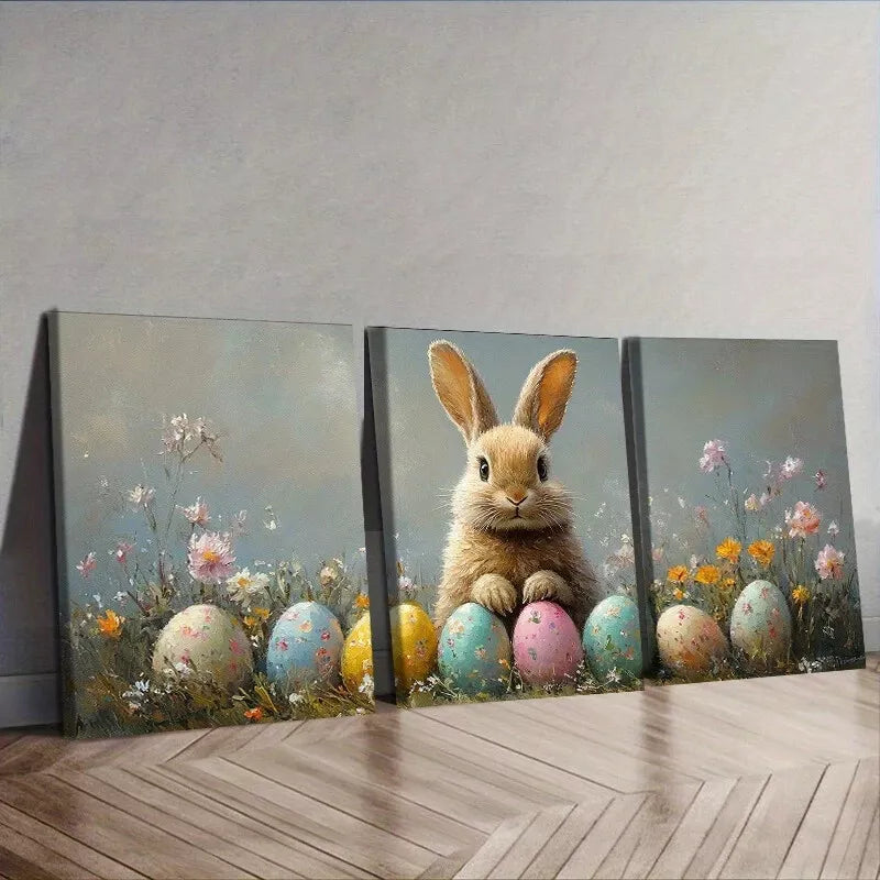 3pcs Adorable Easter Bunny with Eggs Wall Art Set - Framed Canvas 40x60cm - High Quality Print - 100% Australian Made - Ready to Hang - Perfect for Easter Home Decor & Spring Wall Decoration