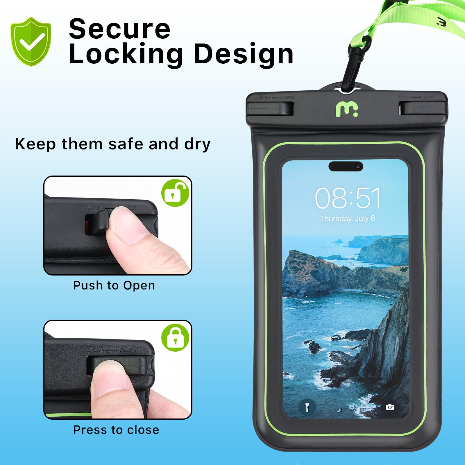 MYBAT PRO IPX8 Waterproof Phone Pouch - Universal Floating Dry Bag for iPhone 15 Pro Max/14/13, Samsung S24 Ultra/S23, Google Pixel - Detachable Lanyard, Black/Green - Perfect for Swimming, Beach, Kayaking & Water Sports