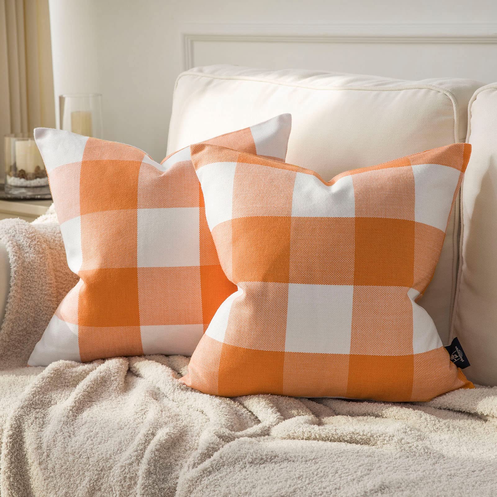 Pack of 2 Orange Gingham Buffalo Check Plaid Throw Pillow Covers 18x18 Inches - Farmhouse Fall Decor, Halloween Home Accents for Sofa, Bed & Porch