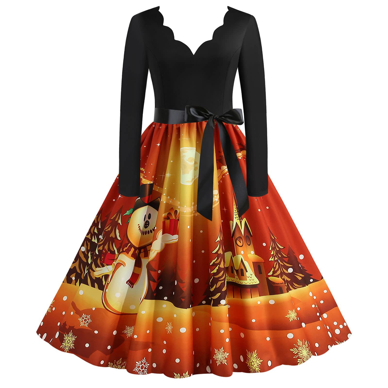 Vintage 1950s Women's Sun Dresses - Long Sleeve Maxi Dress for Christmas Party, Evening Prom, Casual Wear & Housewife Style in Orange | Perfect for Holiday Gatherings, Retro Events & Everyday Fashion