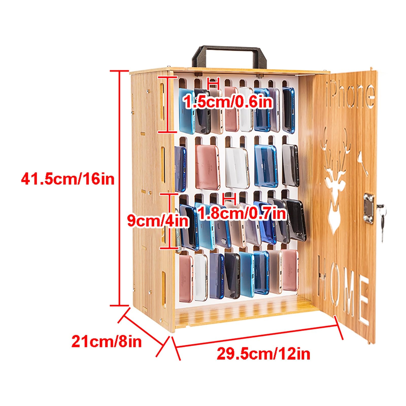 36-Slot Wooden Wall Mounted Cell Phone Storage Cabinet with Rechargeable Station - Durable Phone Locker for Classroom, Office & School Employees - Perfect for Device Management in Schools, Meetings and Workplaces