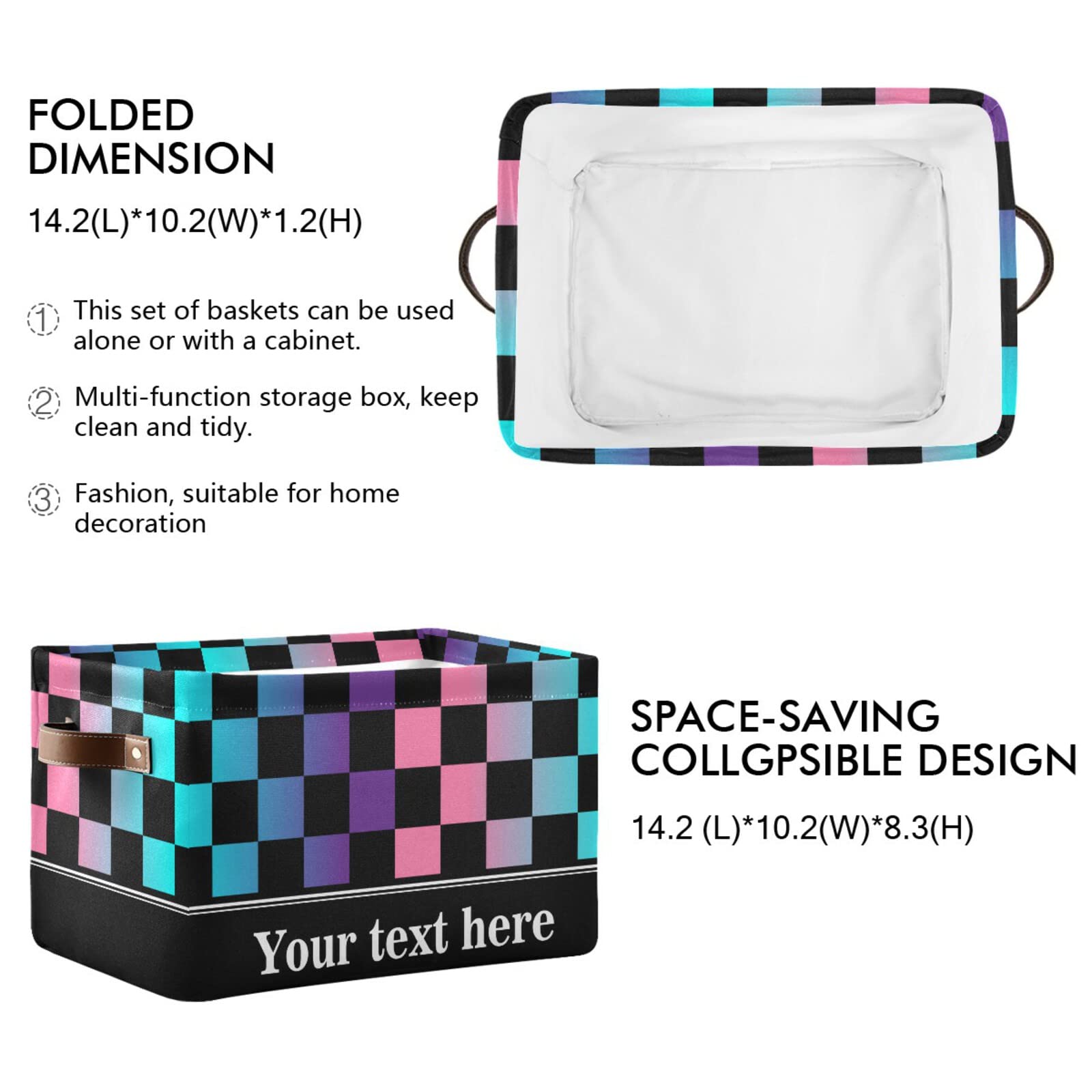 Checkerboard Plaid Storage Basket - Colorful Rectangular Collapsible Bin with Leather Handles | Home Organization & Gift Box for Bedroom, Bathroom, Nursery & Office