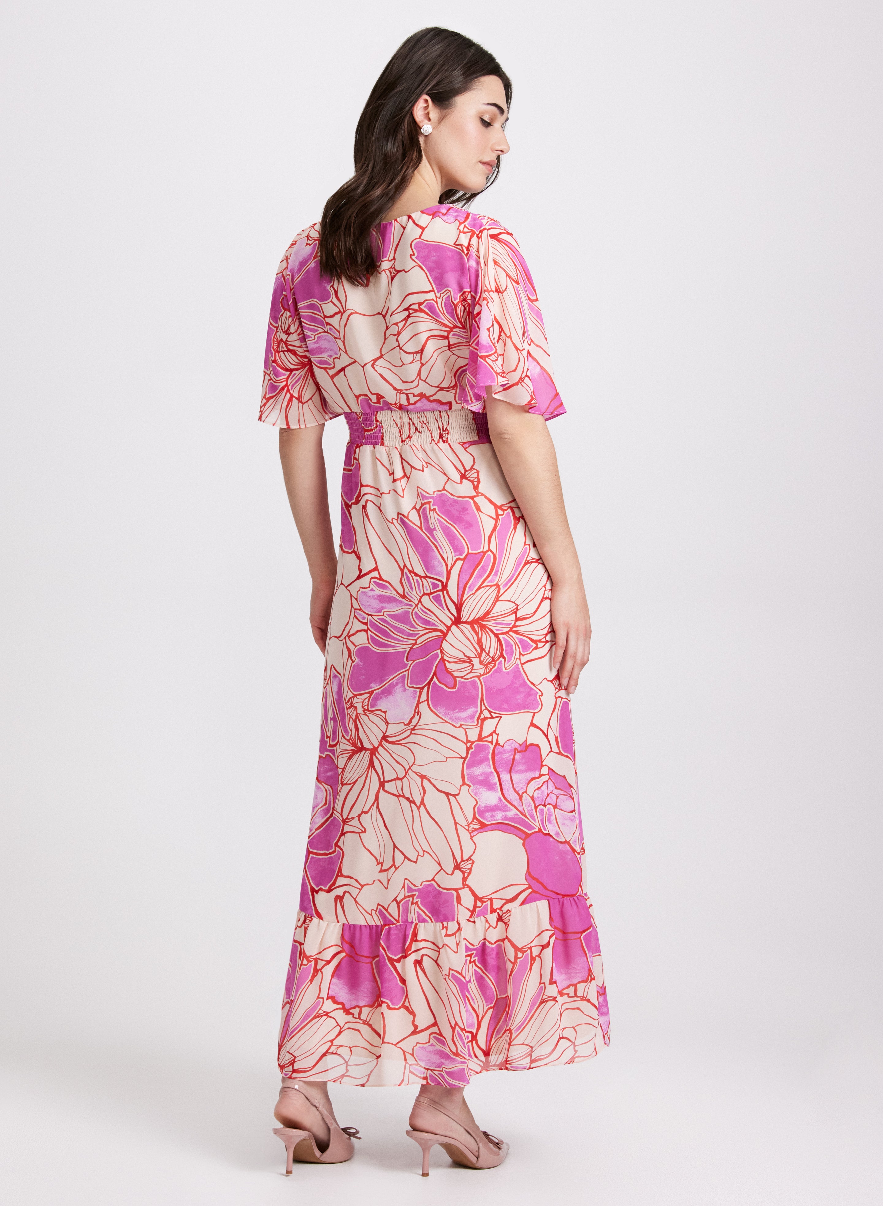 Elegant Floral Chiffon Dress for Women - Summer Boho Maxi Dress with V-Neck & Flowy Sleeves | Perfect for Beach Vacations, Weddings & Date Nights