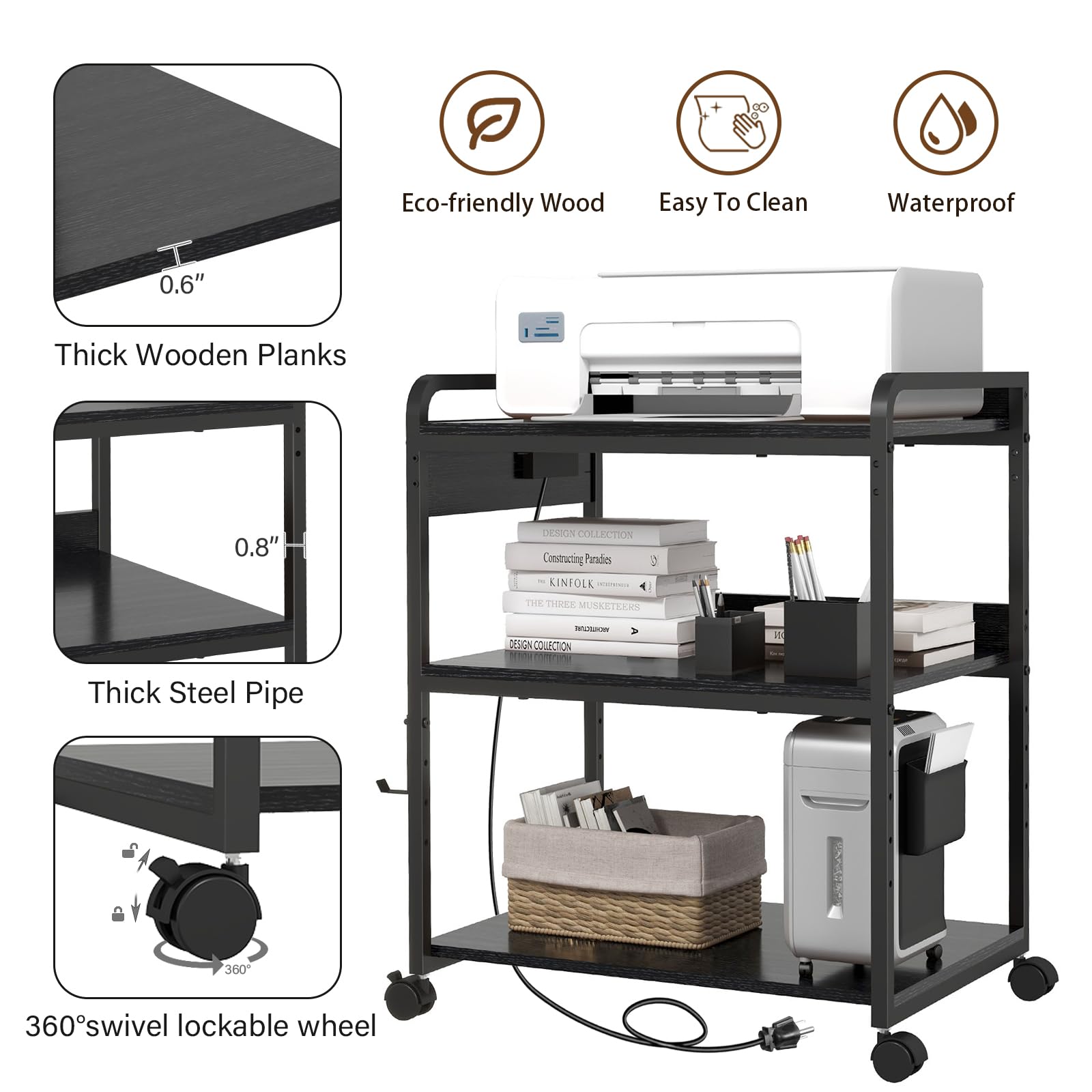 25.2 x 18.9 Inch Large Printer Stand with Wheels & Charging Station - 3 Tier Printer Table with Power Outlet & USB Port - Home Office Organization for Printer, Shredder & Supplies (Black)