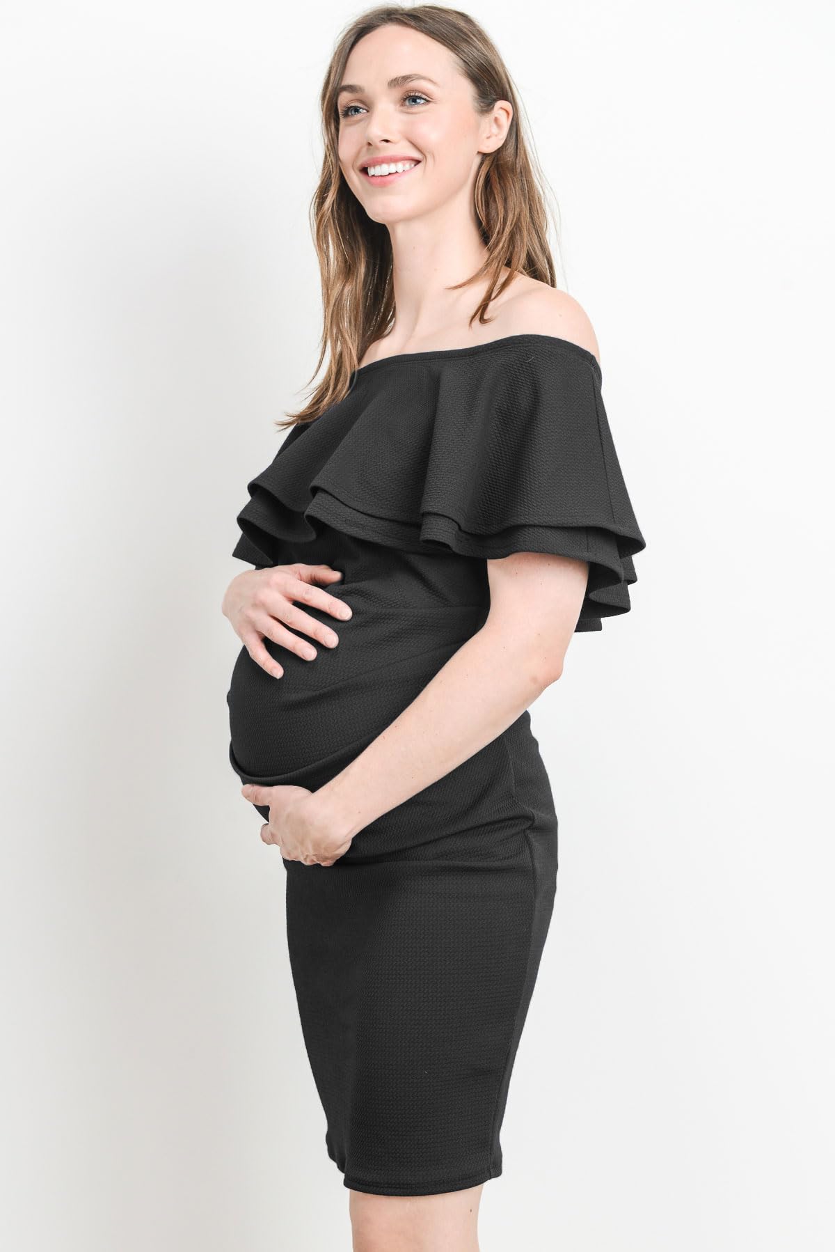 LaClef Women's Off Shoulder Maternity Dress with Double Ruffle - Flowy Nursing Dress for Pregnancy & Breastfeeding, Perfect for Baby Shower, Maternity Photo Shoot & Summer Occasions