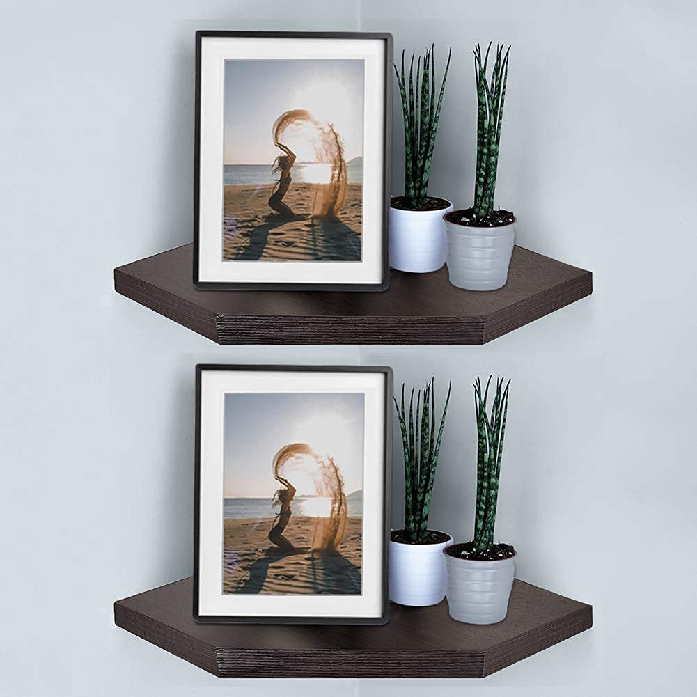 Floating Corner Shelves Set of 2 - Wall Mounted Display Organizer for Bathroom, Bedroom, Living Room | Rustic Espresso Wooden Shelves for Home Decor & Storage - Perfect for Small Spaces and Room Organization