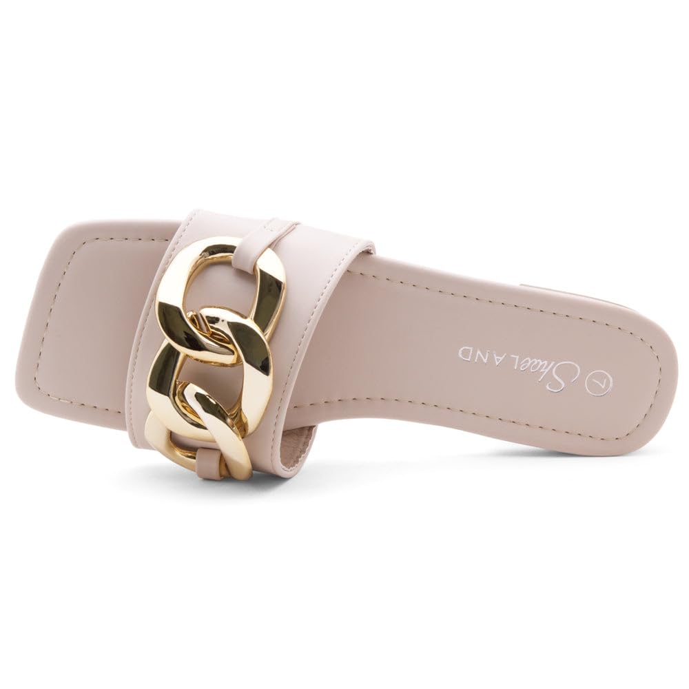 EMMA Women's Flat Sandals - Square Open Toe Single Band Slides with Metal Chain | Comfortable Cushioned Footbed Slip-On Slippers for Summer, Beach, Vacation & Daily Wear | Casual & Fashionable Sandals for Women