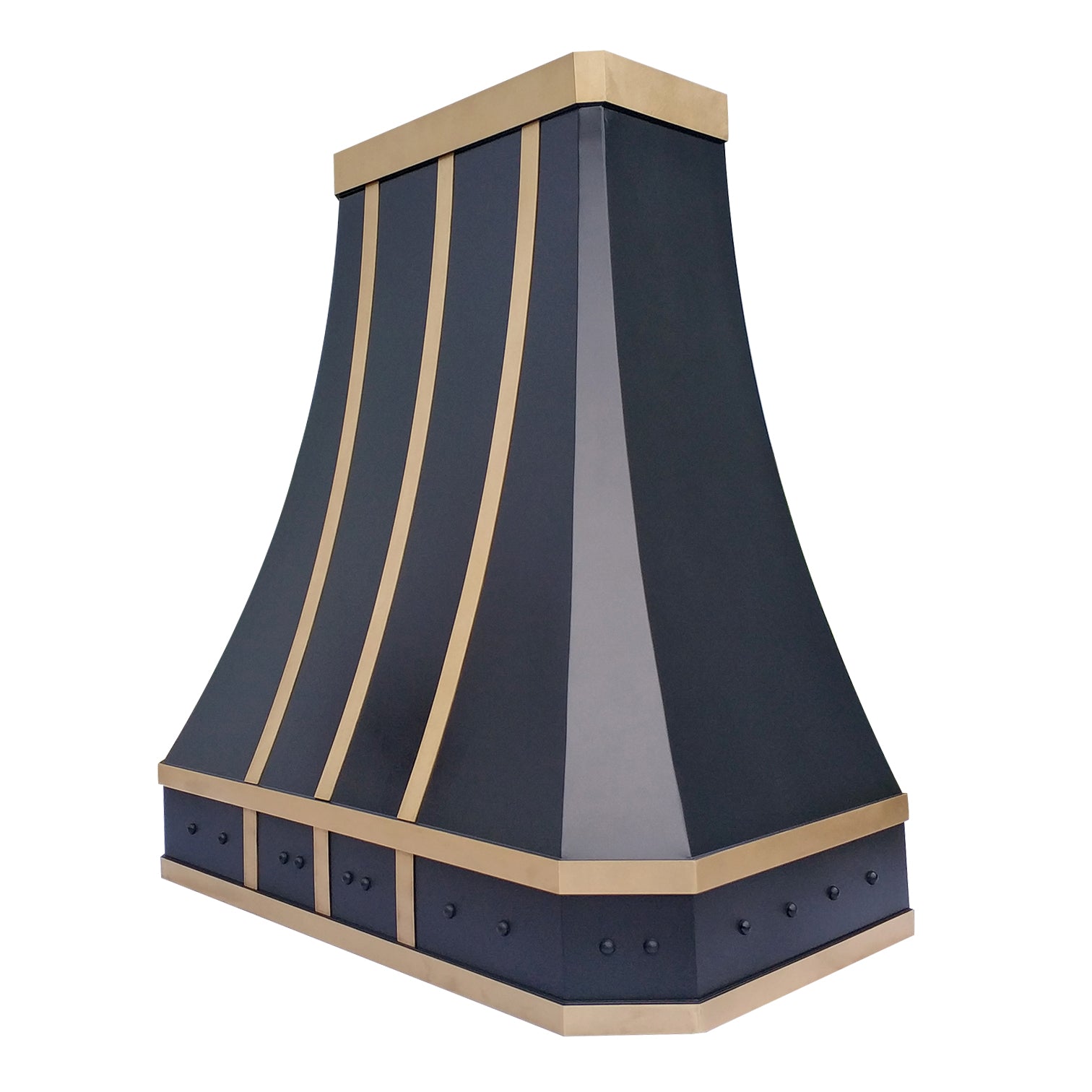 Premium RHM Curved Black Stainless Steel Designer Range Hood with Brass Straps - Modern Kitchen Ventilation for Shawn - Perfect for Contemporary & Luxury Home Kitchens