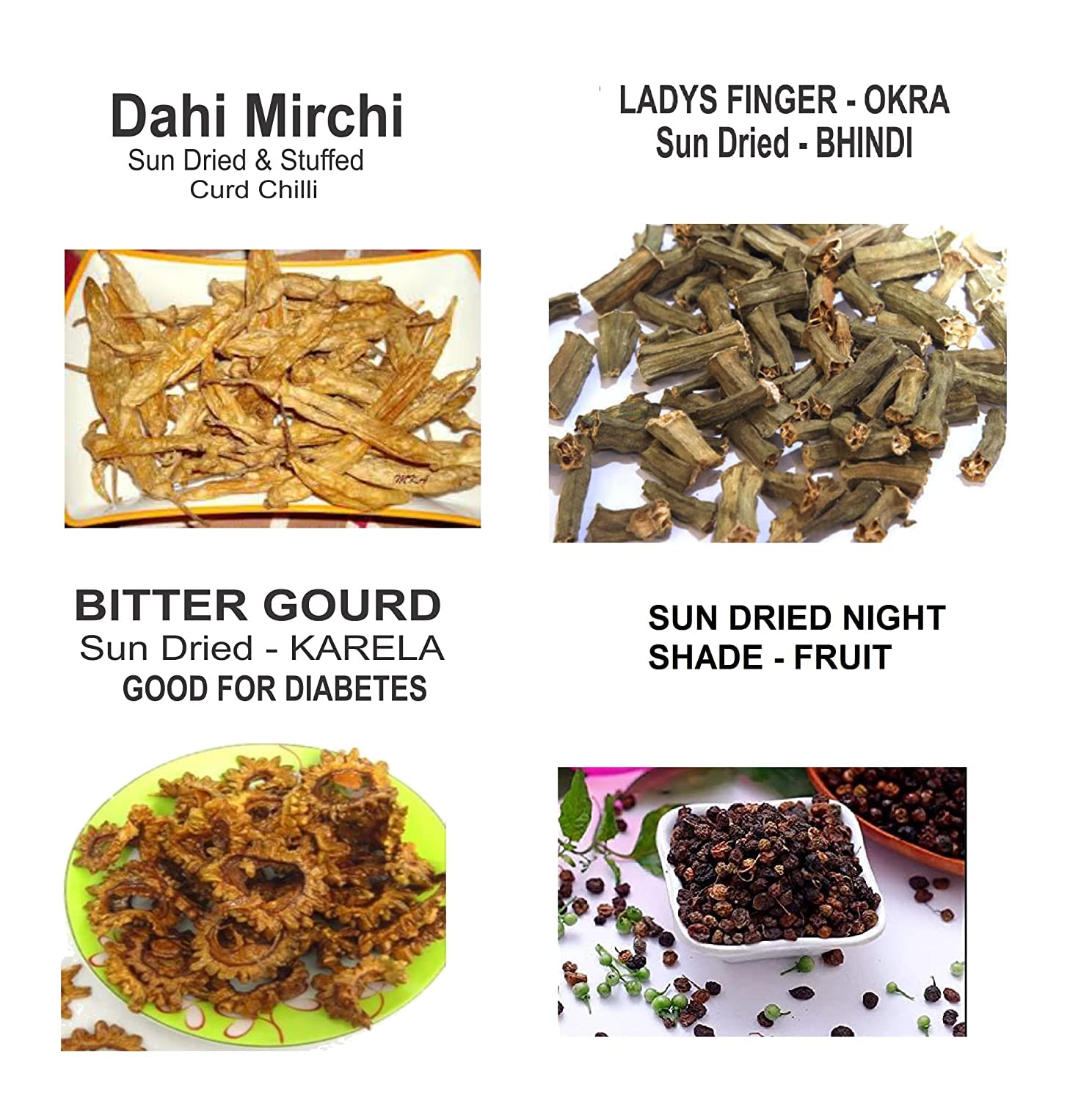 Sun Dried Indian Snacks 4-in-1 Combo Pack - Curd Chili (Mor Milagai), Bitter Gourd (Pavakai), Night Shade (Manata Kali), Okra (Vendakai) - 500g Each | Authentic South Asian Crispy Fryums | Perfect for Tea Time, Movie Snacks & Party Platters