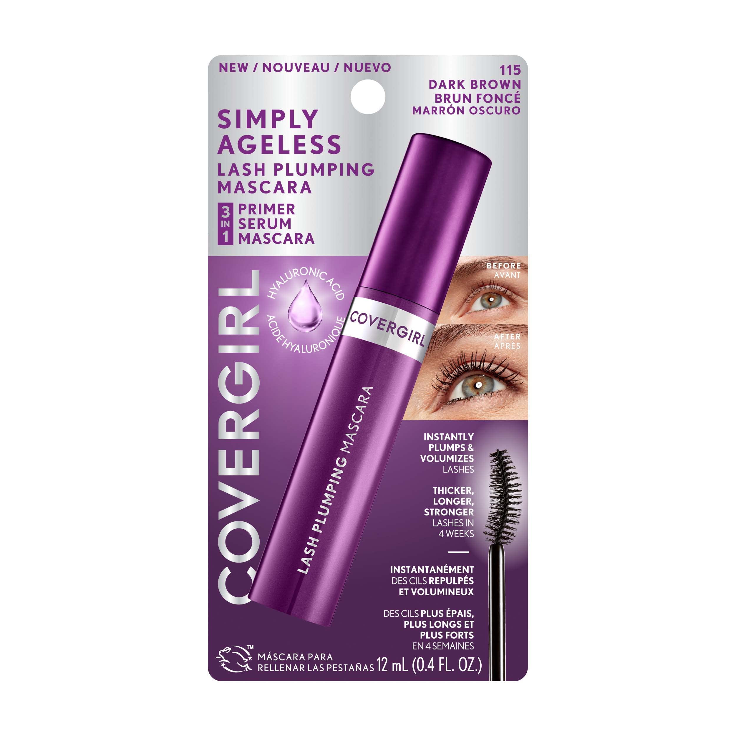 COVERGIRL Simply Ageless Lash Plumping Mascara - Dark Brown, Volumizing & Lengthening (1 Pack) | Cruelty-Free & Smudge-Proof for Everyday Wear & Special Occasions