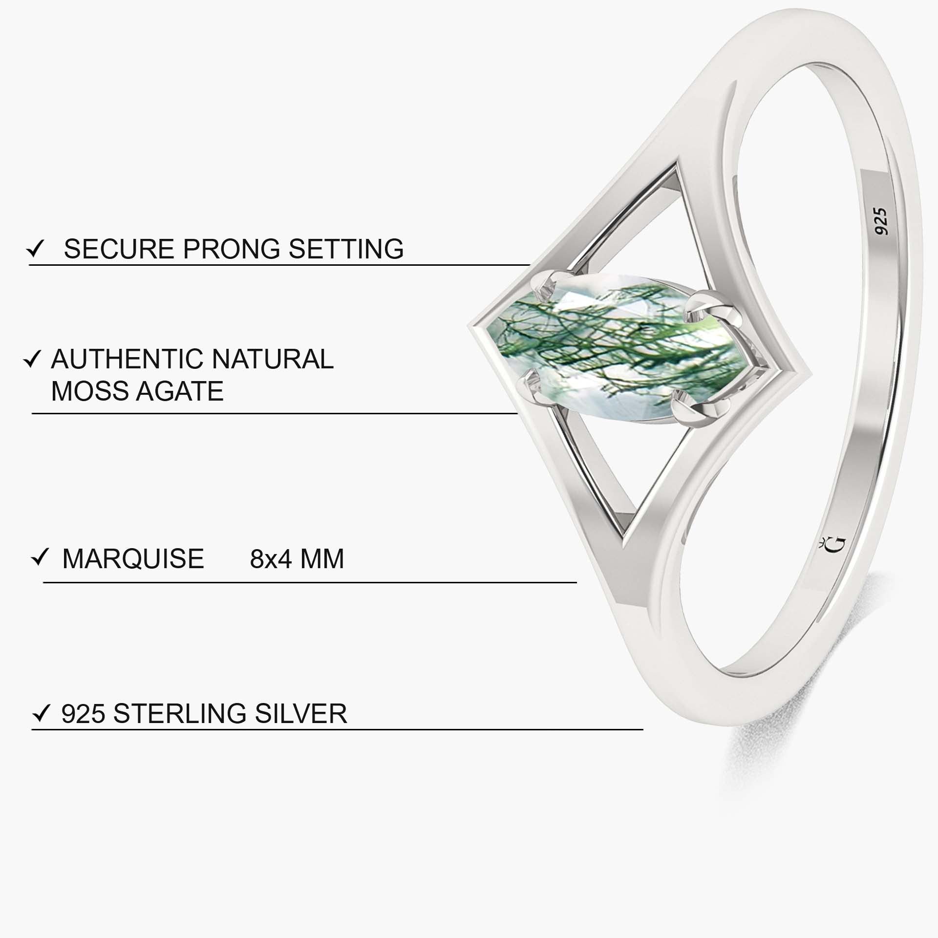 Handcrafted Marquise Shape Moss Agate Ring for Women - Elegant Dainty Jewelry for Everyday Wear, Wedding, Anniversary & Special Occasions
