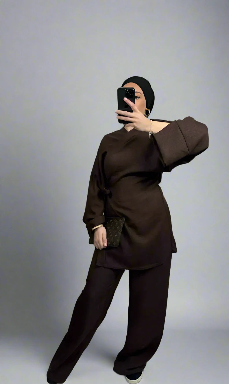 2-Piece Wrinkle-Free Lace-Up Top & Pant Suit for Muslim Women - Modest Office Wear & Special Occasion Outfit