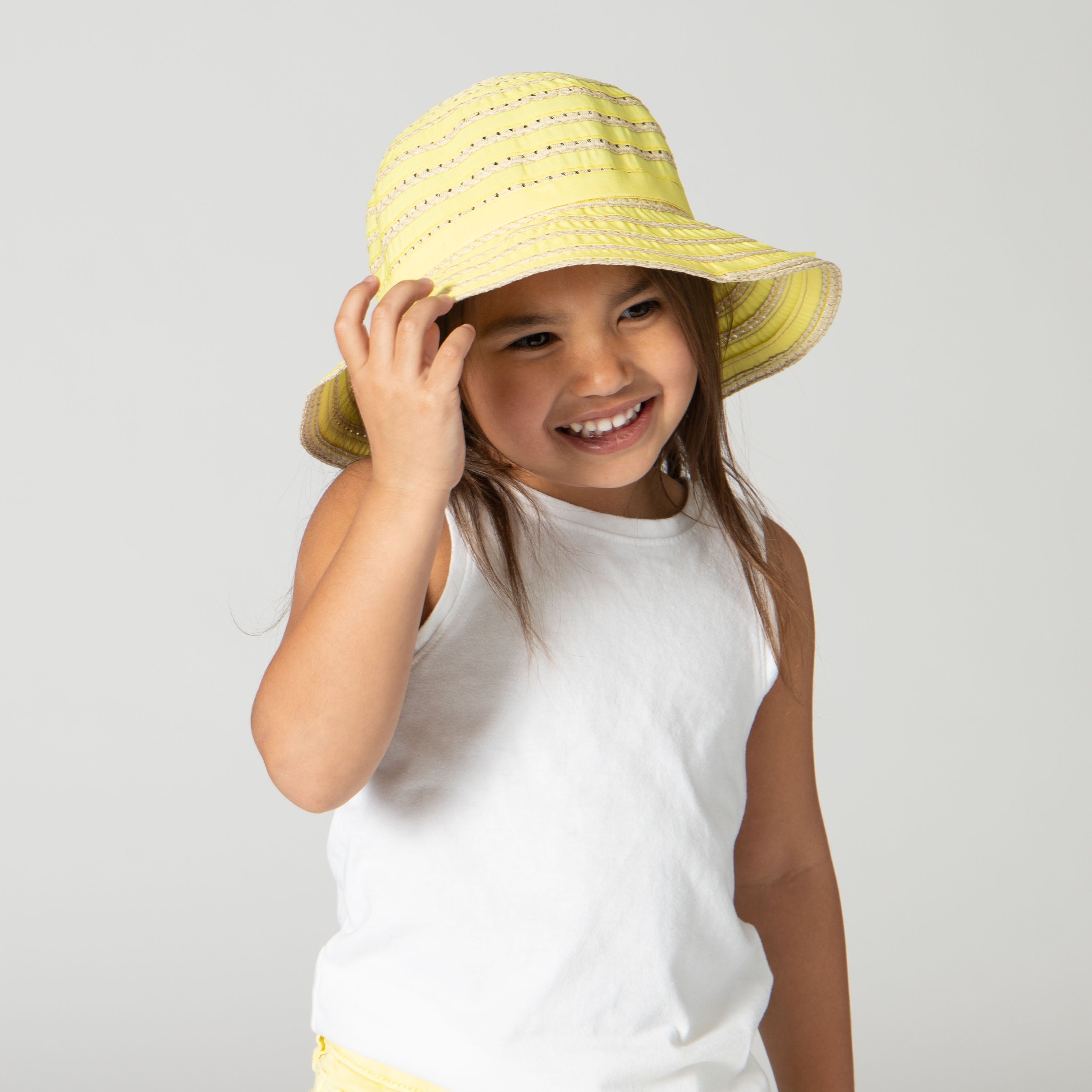 Kids Ribbon & Paper Straw Bucket Hat with Bow Detail - Summer Beach Sun Protection for Girls & Boys