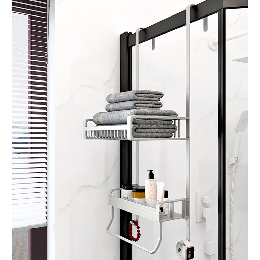 Premium Metal Over Shower Door Caddy - 2-Tier Hanging Bathroom Storage Organizer with Built-in Hooks & Baskets for Shampoo, Body Wash (40x22x73cm) - Perfect for Small Bathrooms, Apartment Showers & Space-Saving Organization