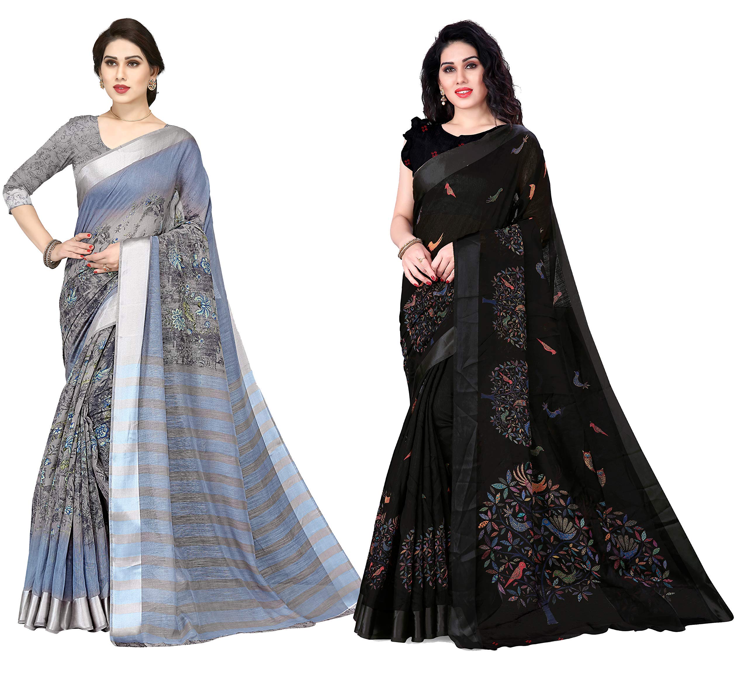 Premium Women's Cotton Blend Printed Saree & Blouse Set - Pack of 2 | Elegant Indian Ethnic Wear for Weddings, Parties & Festive Occasions