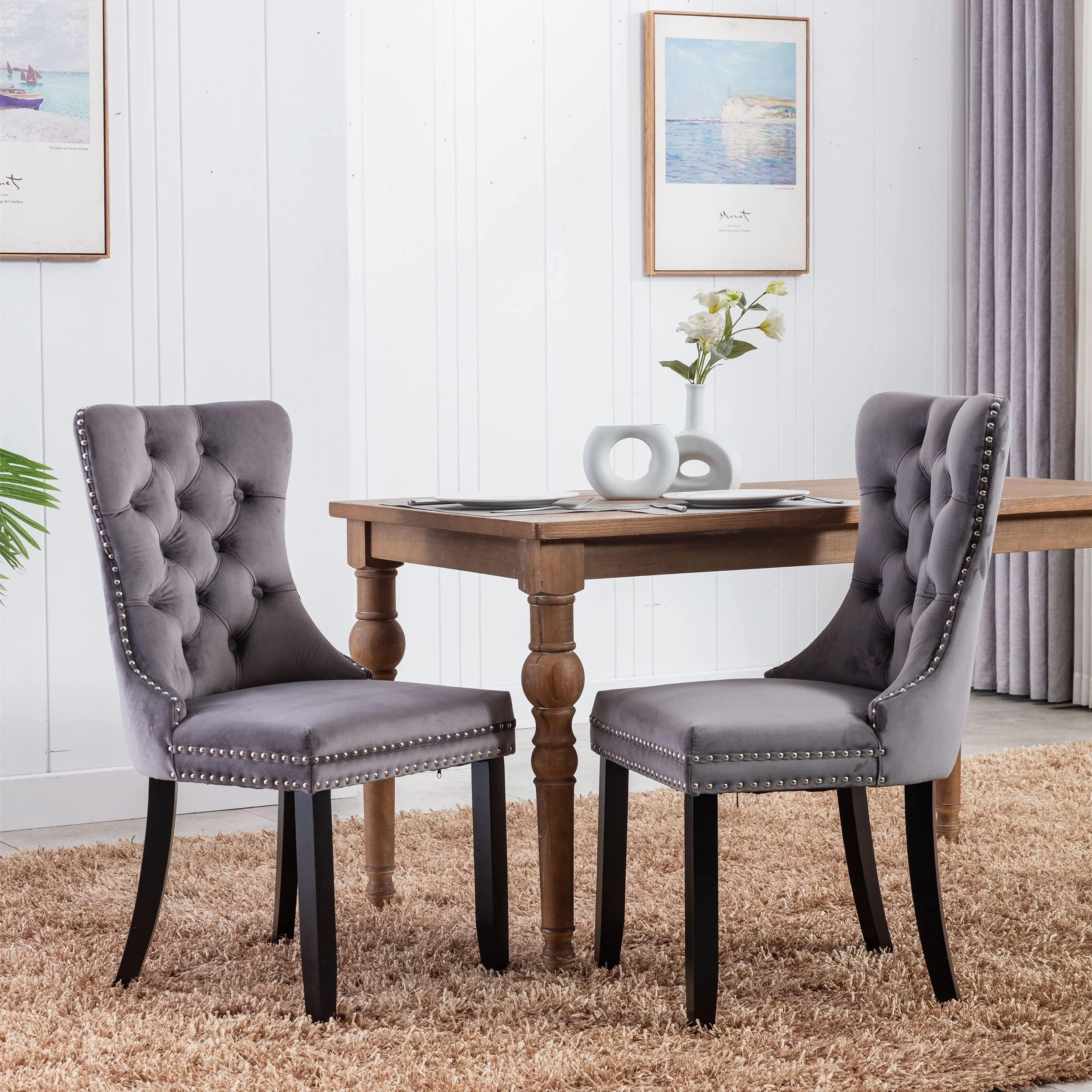 Luxury Velvet Dining Chairs Set of 2 - Elegant Tufted Upholstered Accent Chairs with Nailhead Trim & Ring Pull Design, Dark Grey - Perfect for Dining Room, Living Room or Home Office Decor