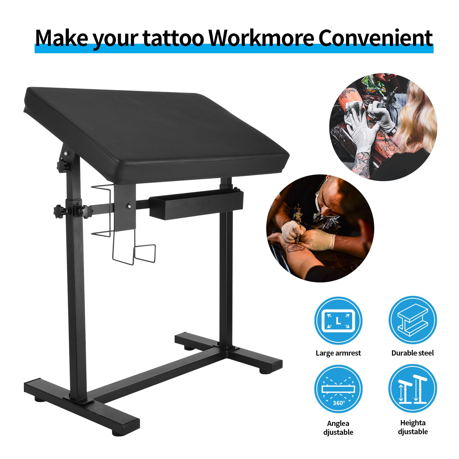 Professional Heavy Duty Tattoo Arm Rest Stand with PU Leather & Soft Sponge - Adjustable Height & Angle, Stable Oversized Armrest with Storage Rack - Perfect for Tattoo Artists, Permanent Makeup & Body Piercing Studios