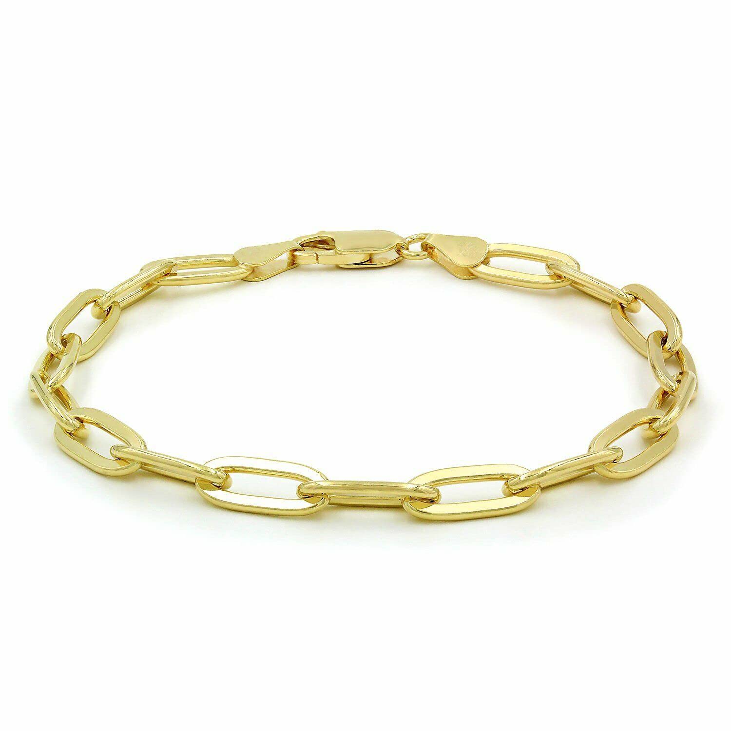 10k Yellow Gold Paperclip Chain Bracelet for Women - 4mm Elongated Rolo Cable Link with Lobster Clasp (7